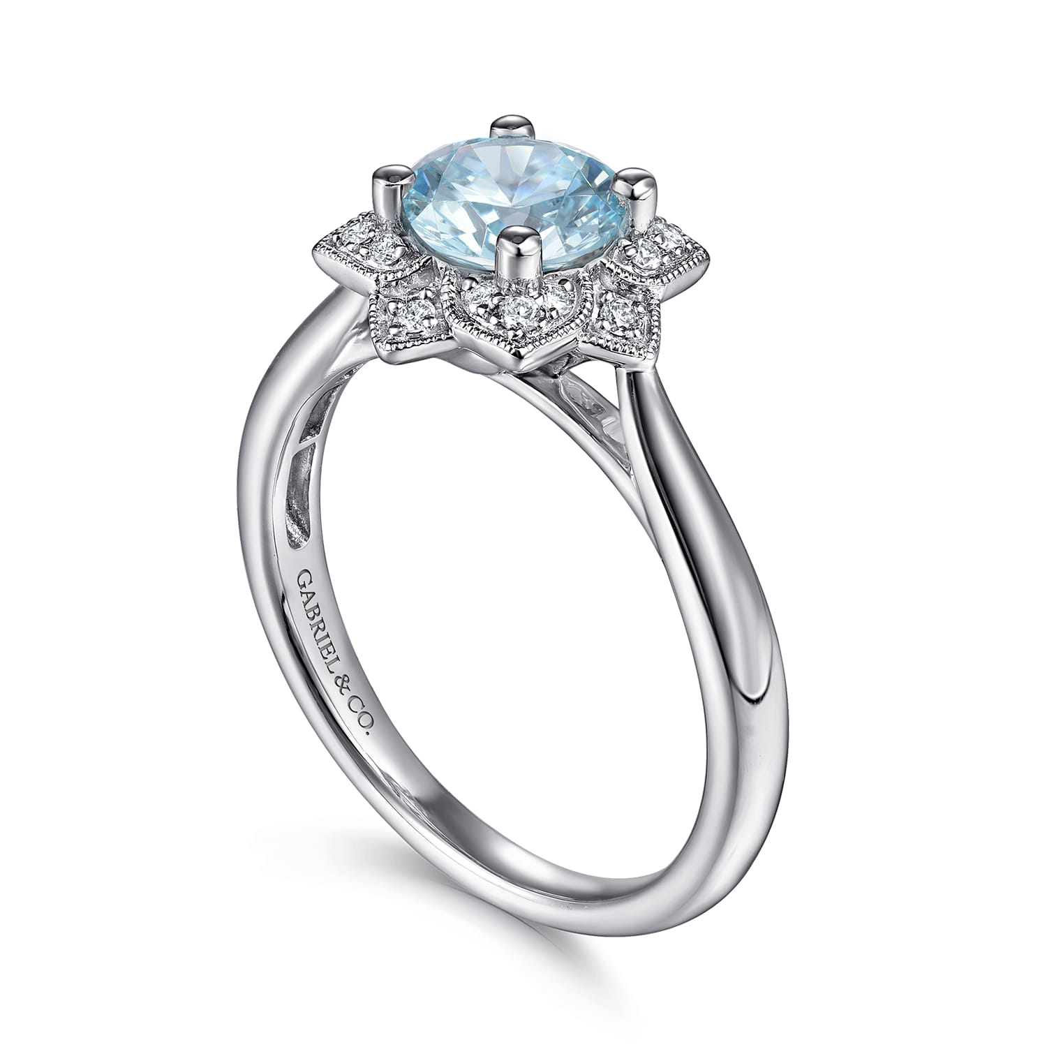 Flower Halo Aquamarine and Diamond Promise Ring in 14K White Gold, photograph 3
