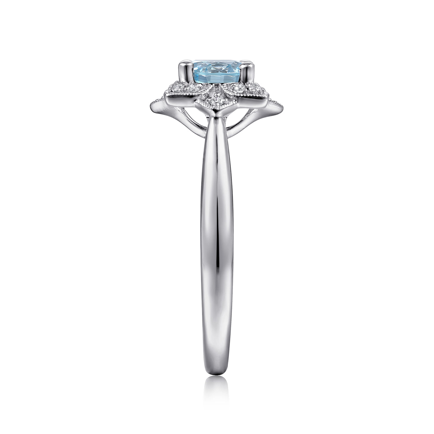 Flower Halo Aquamarine and Diamond Promise Ring in 14K White Gold, photograph 4