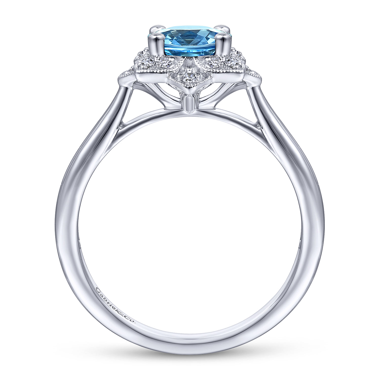 Vintage Inspired Round Blue Topaz and Floral Diamond Halo Promise Ring in 14K White Gold, photograph 2
