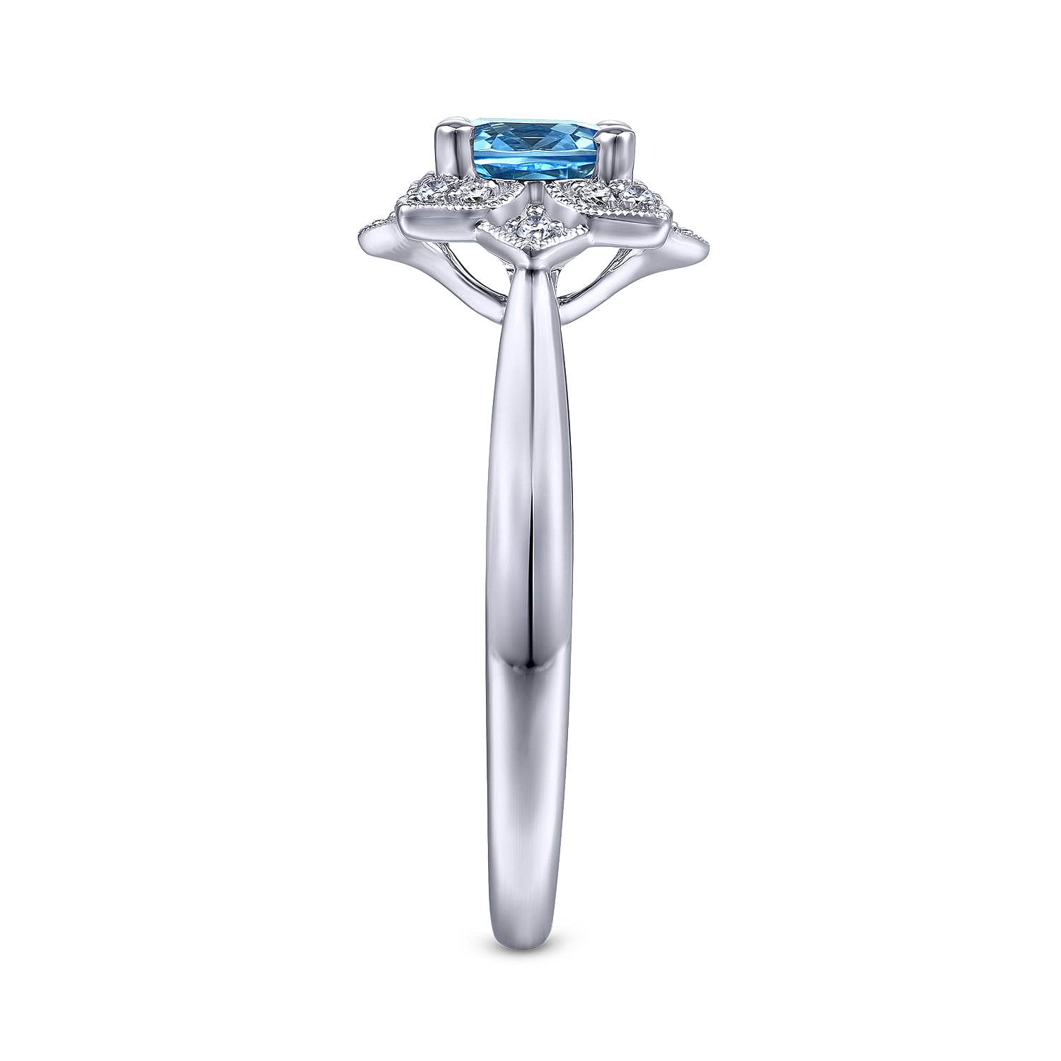 Vintage Inspired Round Blue Topaz and Floral Diamond Halo Promise Ring in 14K White Gold, photograph 4