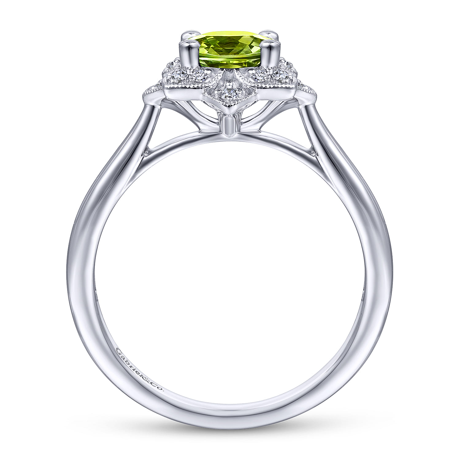 Vintage Inspired Round Peridot and Floral Diamond Halo Promise Ring in 14K White Gold, photograph 2