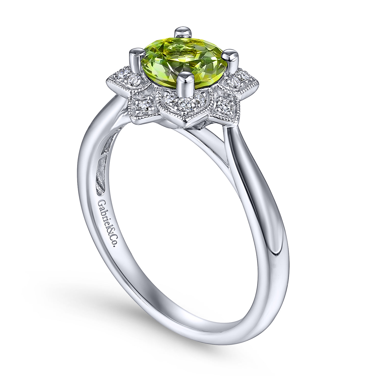 Vintage Inspired Round Peridot and Floral Diamond Halo Promise Ring in 14K White Gold, photograph 3