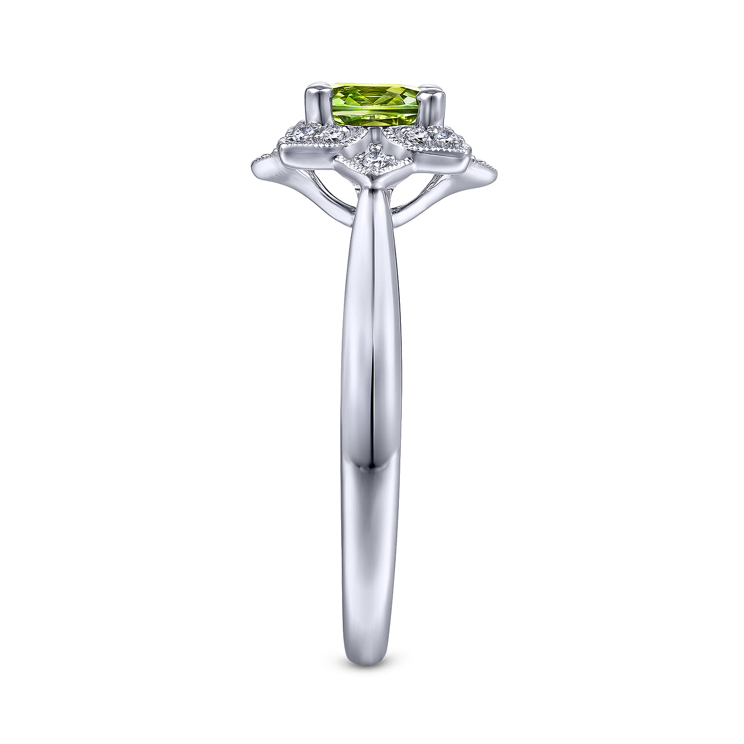 Vintage Inspired Round Peridot and Floral Diamond Halo Promise Ring in 14K White Gold, photograph 4