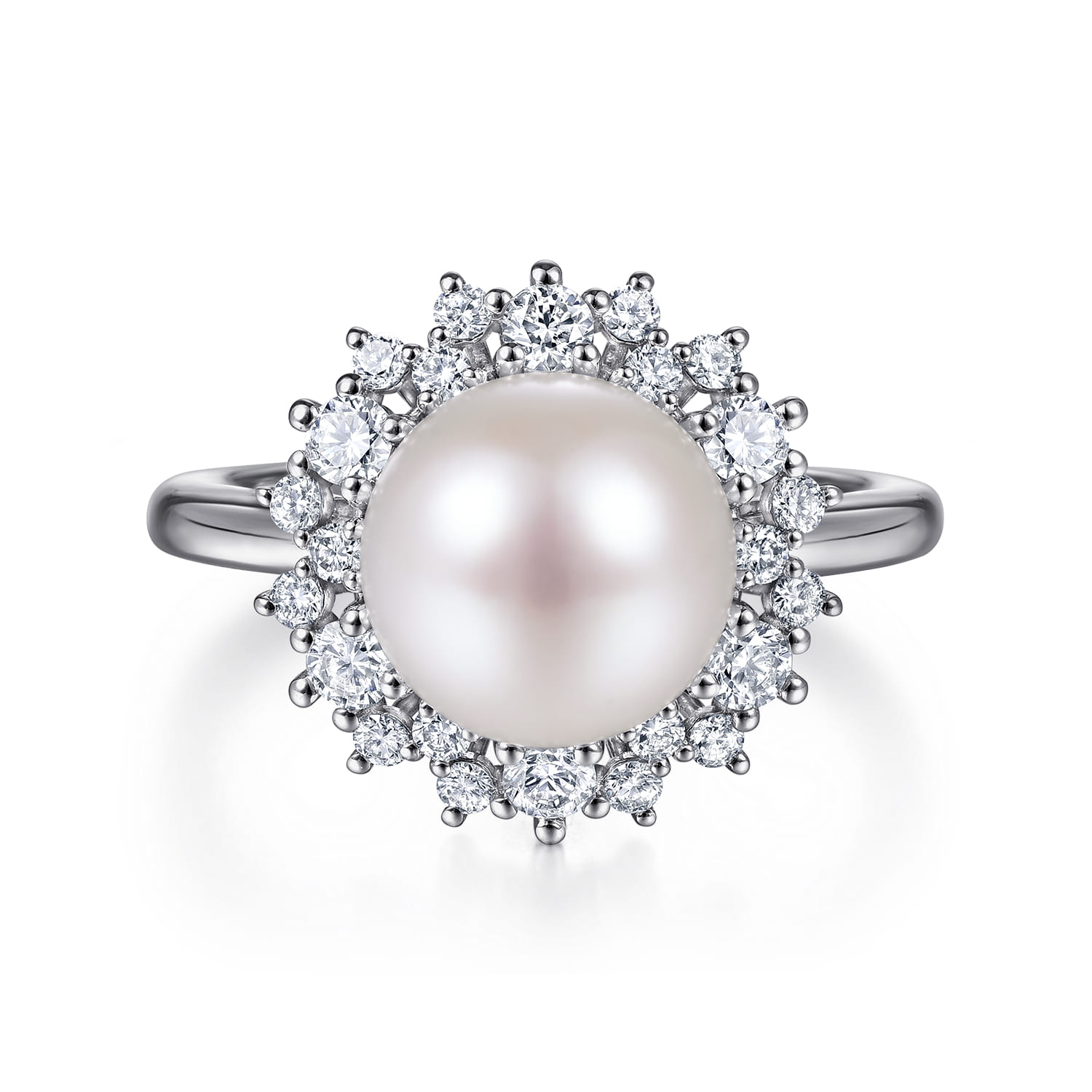 Round Pearl and Diamond Halo Ring in 14K White Gold