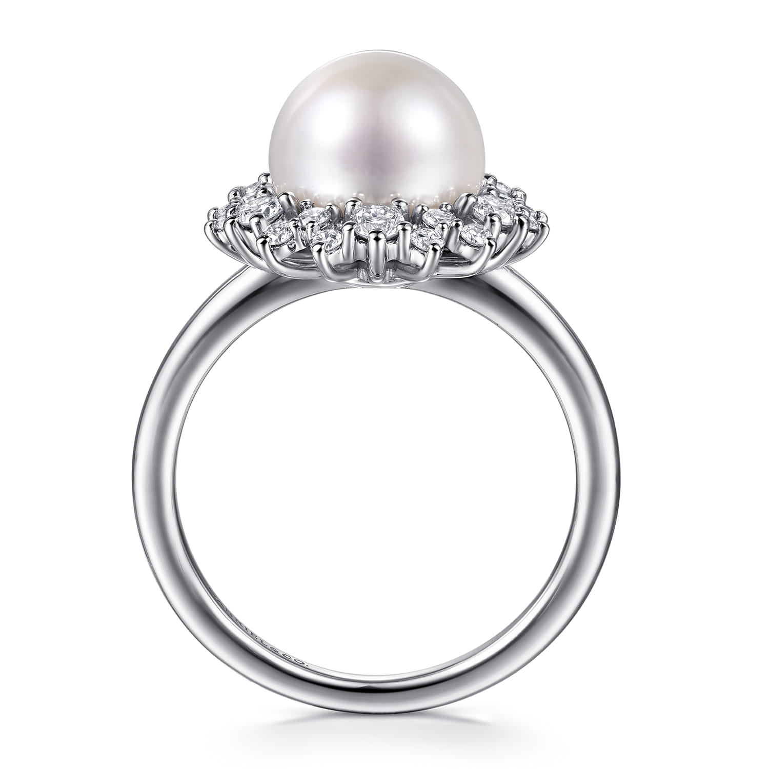 Round Pearl and Diamond Halo Ring in 14K White Gold, photograph 2