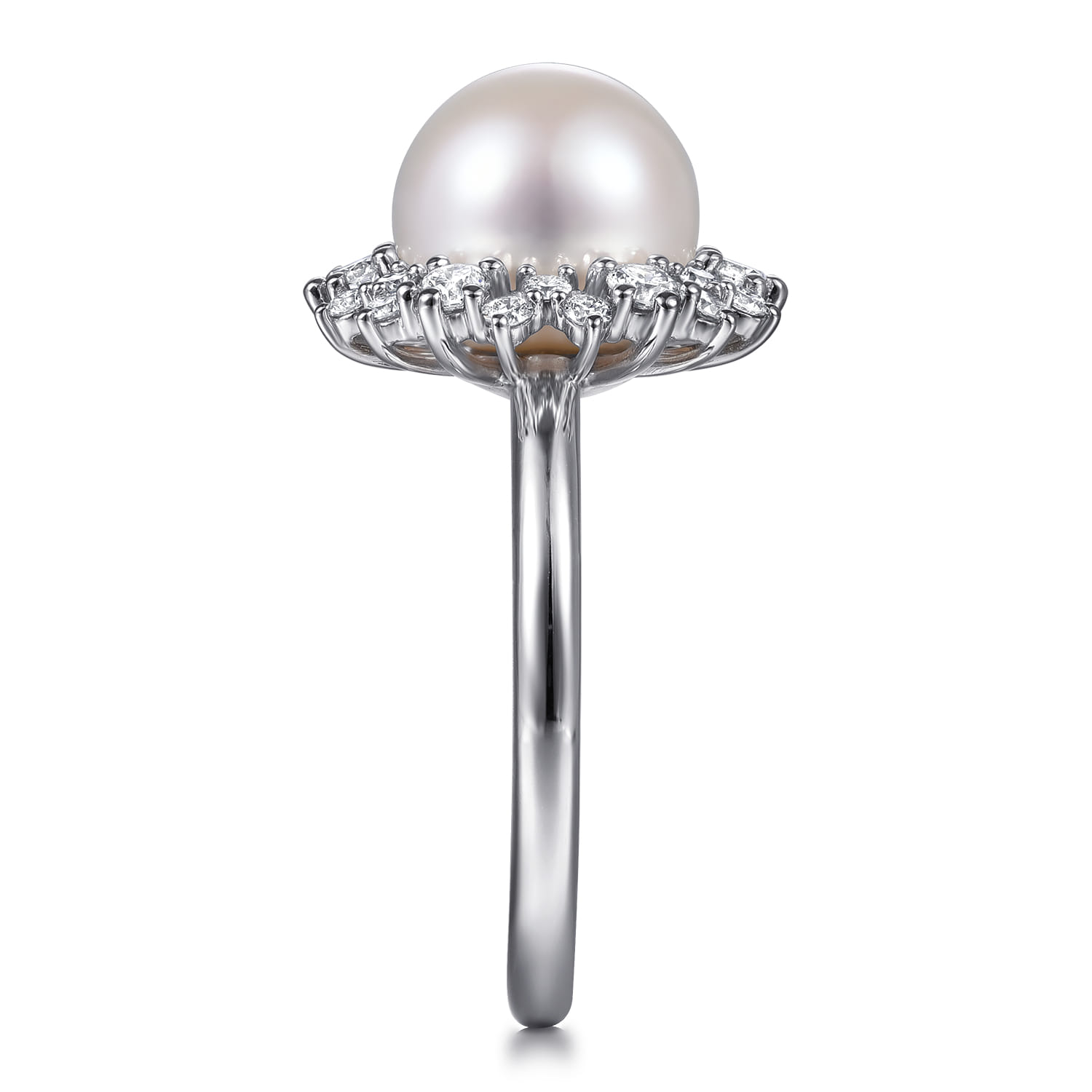 Round Pearl and Diamond Halo Ring in 14K White Gold, photograph 4