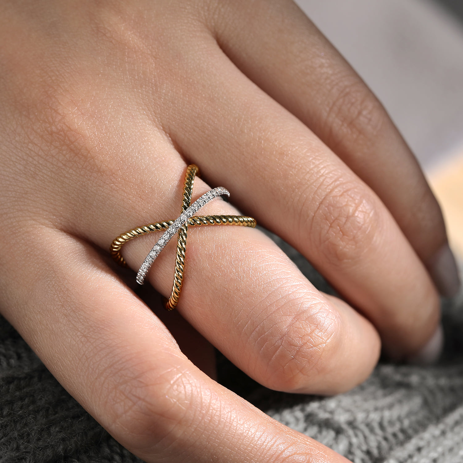 Twisted Criss Cross X Shaped Diamond Ring in 14K White/Yellow Gold, photograph 5