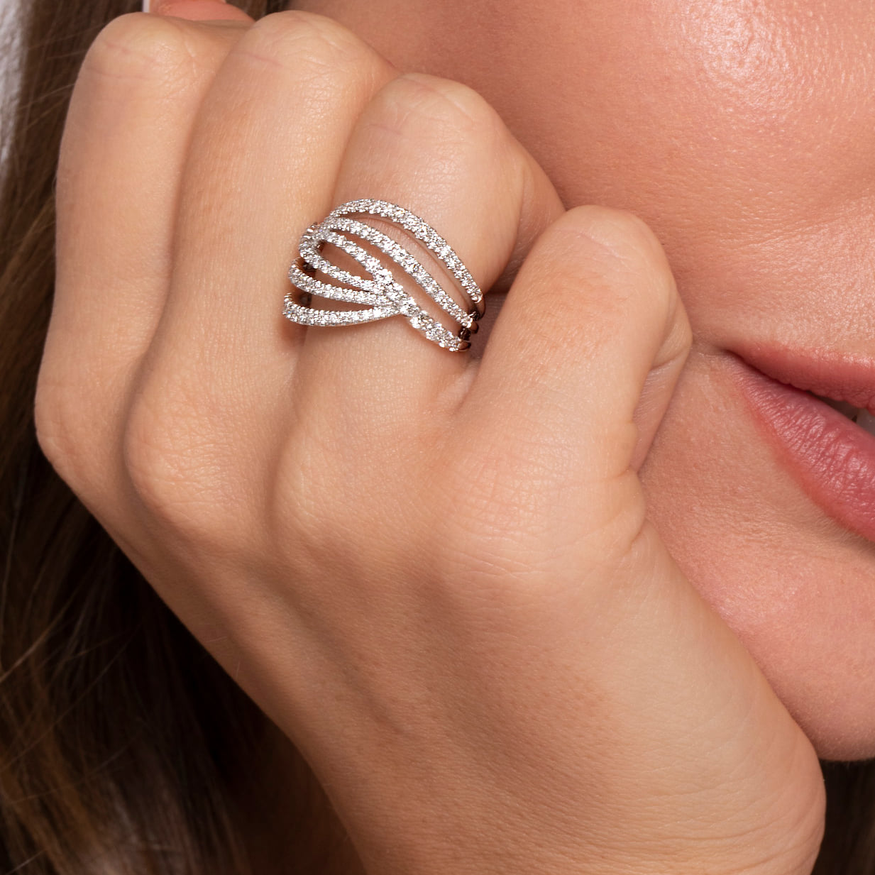 Diamond Bypass Multi Row Ring in 14K White Gold, photograph 5