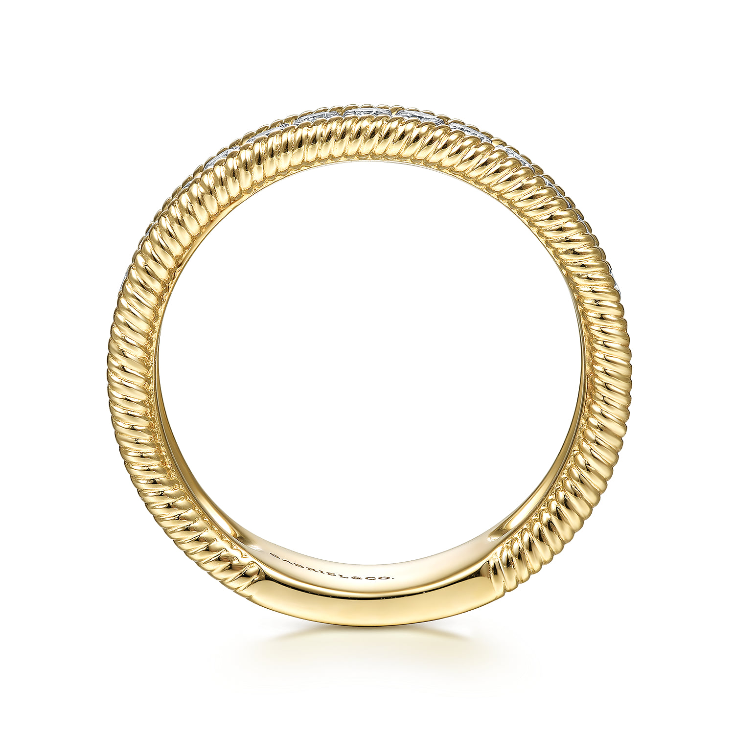 Diamond Band Stackable with Twisted Rope Border in 14K Yellow Gold, photograph 2