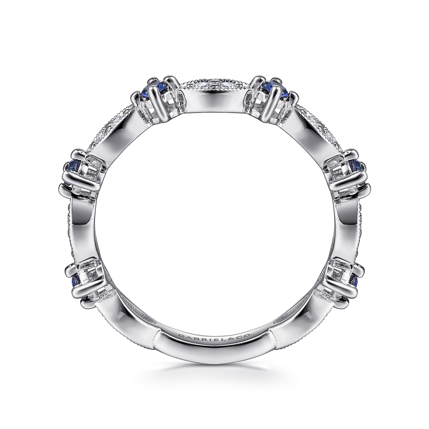 Alternating Diamond Cluster Marquis and Sapphire Stackable Ring in 14K White Gold, photograph 2