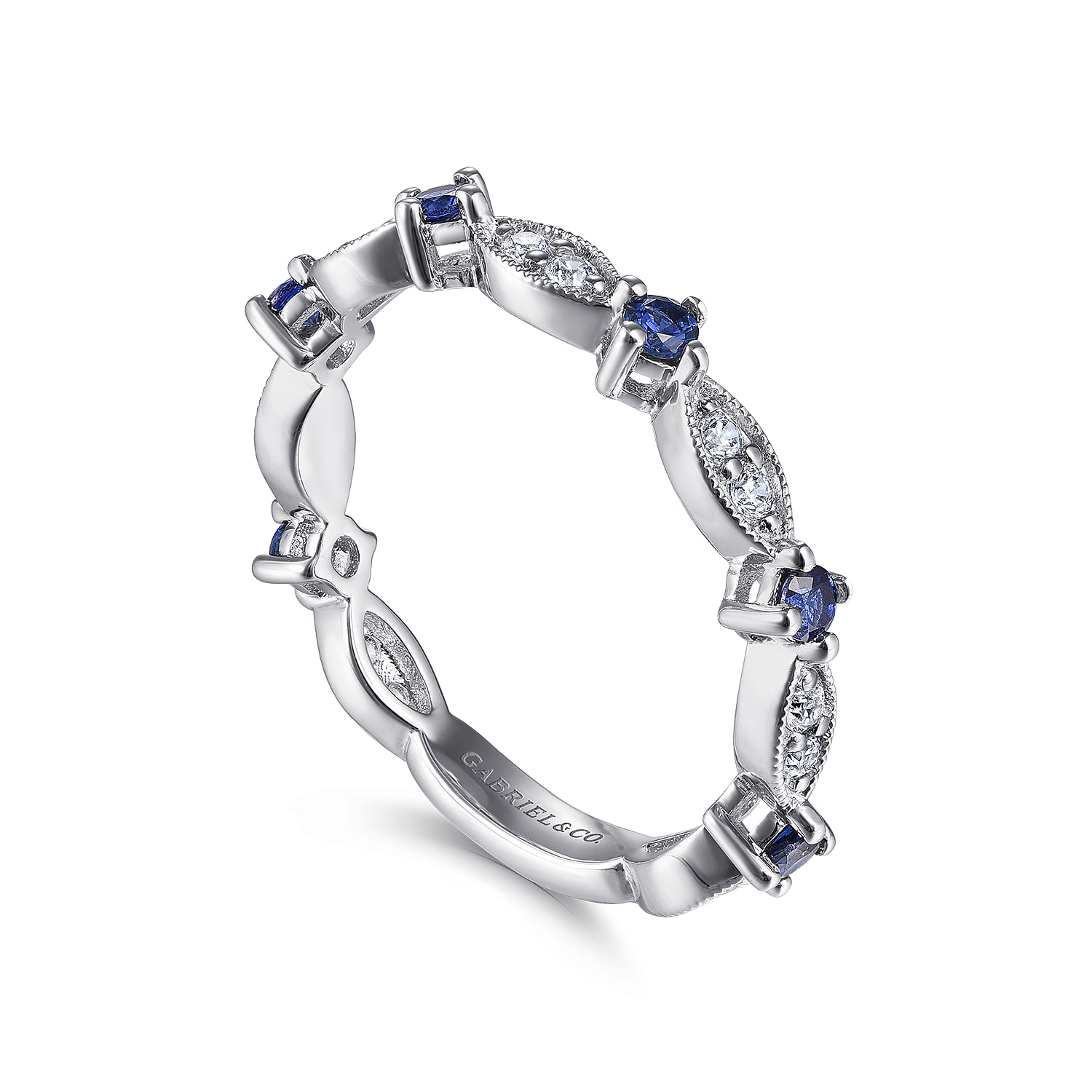 Alternating Diamond Cluster Marquis and Sapphire Stackable Ring in 14K White Gold, photograph 3