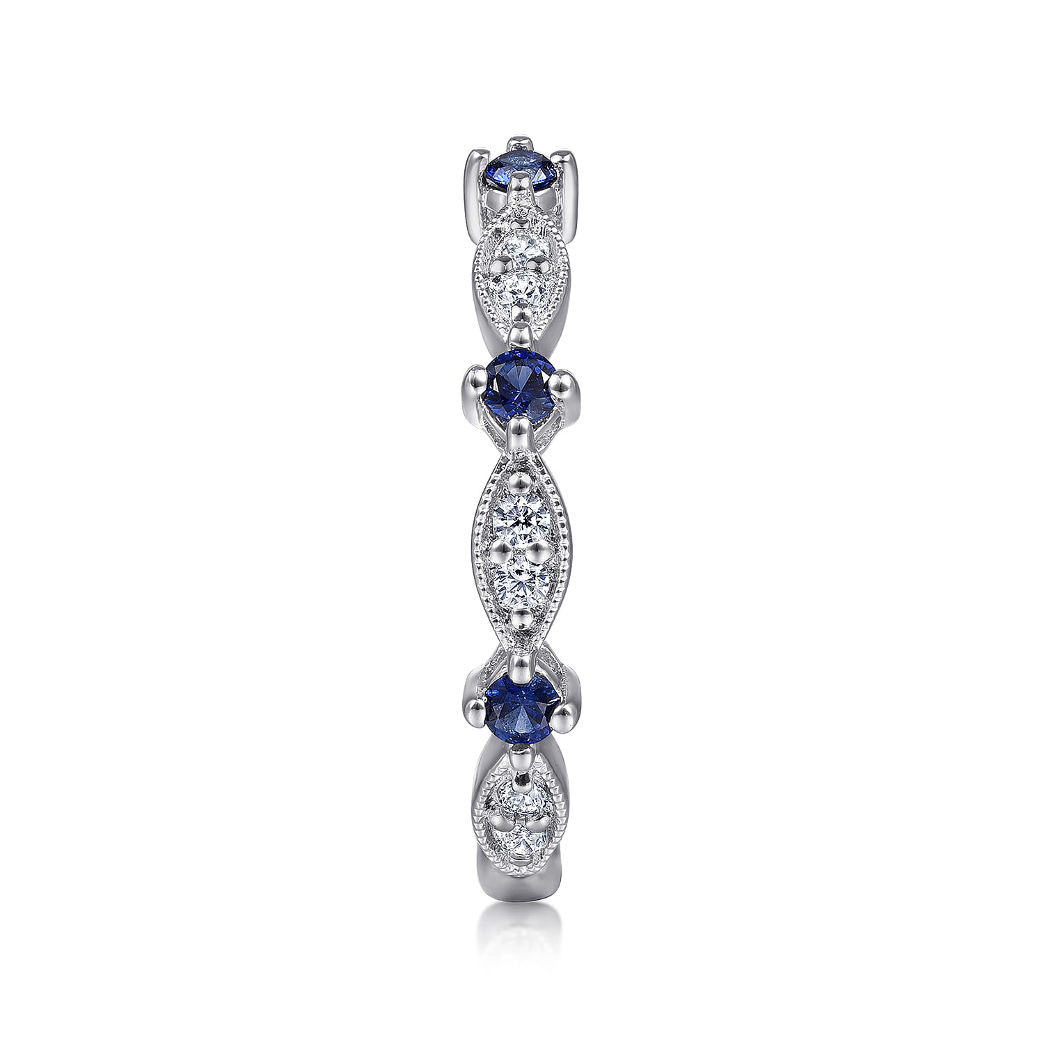 Alternating Diamond Cluster Marquis and Sapphire Stackable Ring in 14K White Gold, photograph 4