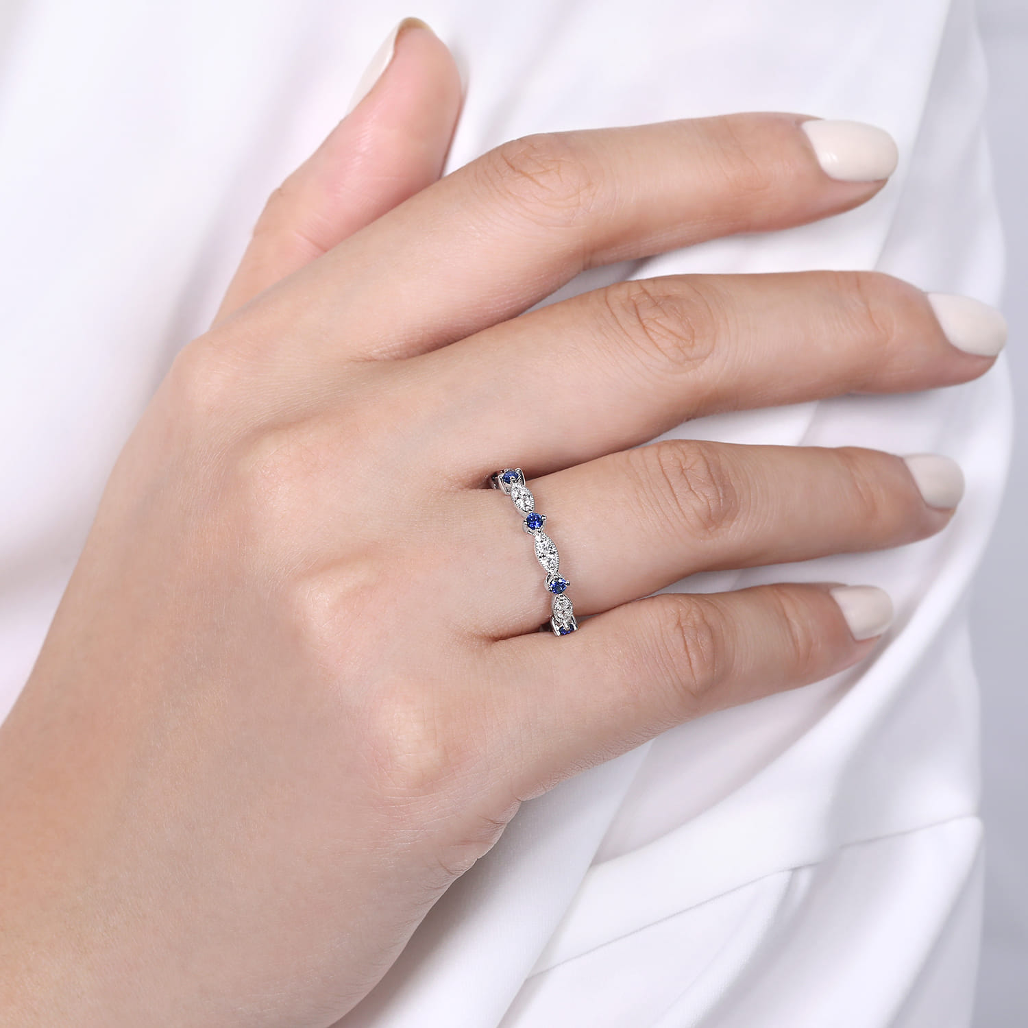 Alternating Diamond Cluster Marquis and Sapphire Stackable Ring in 14K White Gold, photograph 5