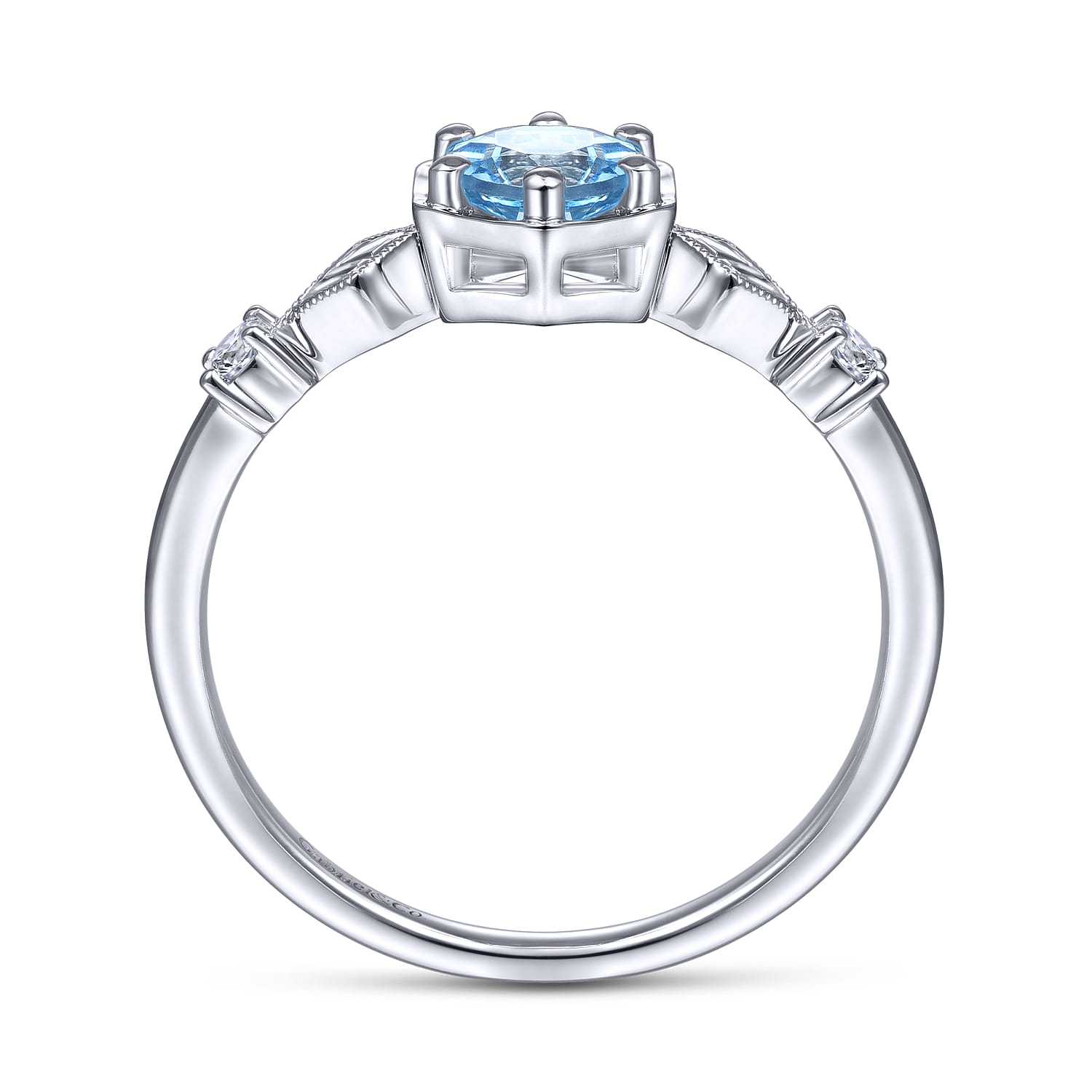 Hexagonal Blue Topaz Diamond Promise Ring in 14K White Gold, photograph 2