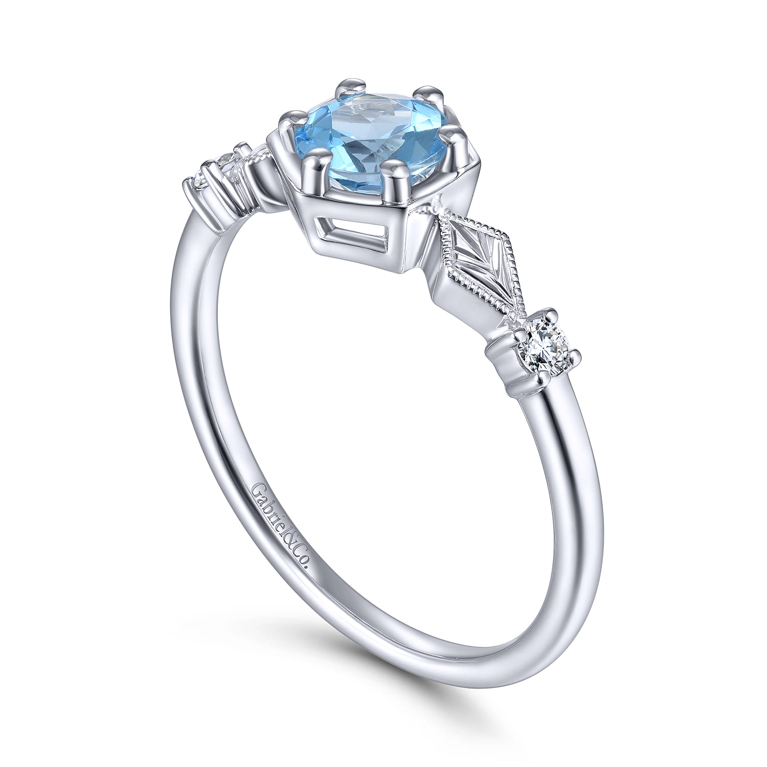 Hexagonal Blue Topaz Diamond Promise Ring in 14K White Gold, photograph 3