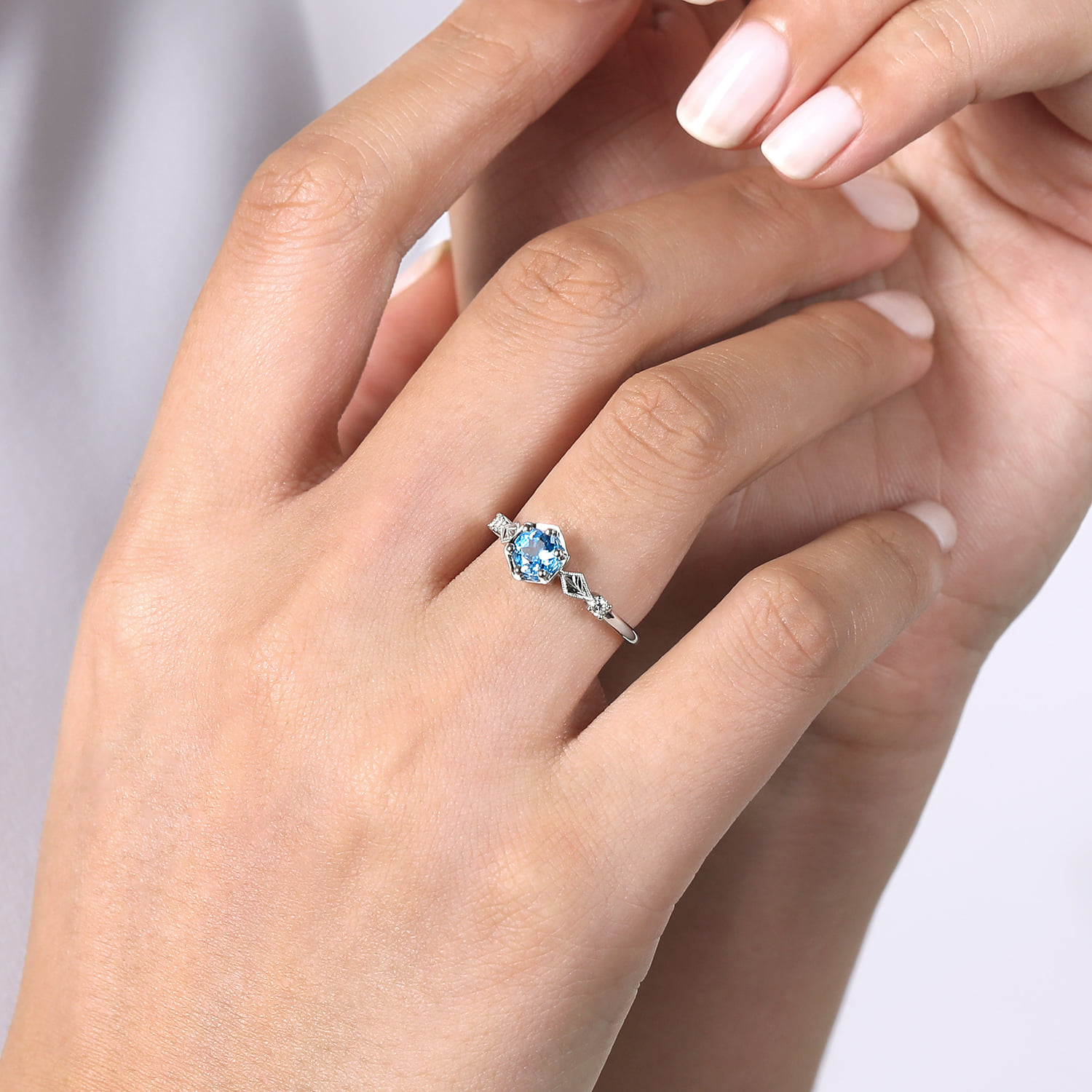 Hexagonal Blue Topaz Diamond Promise Ring in 14K White Gold, photograph 5