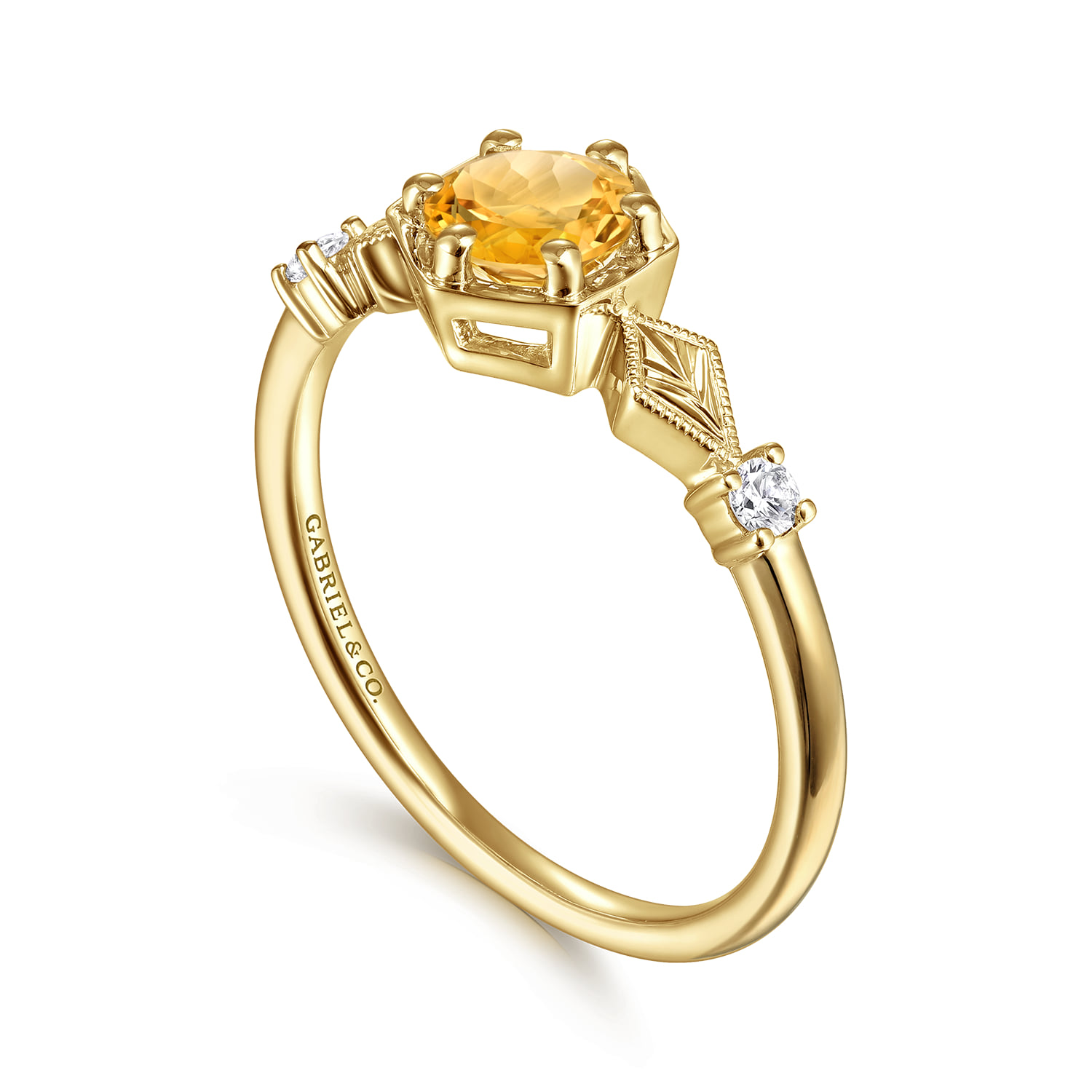 Hexagonal Citrine Diamond Promise Ring in 14K Yellow Gold, photograph 3