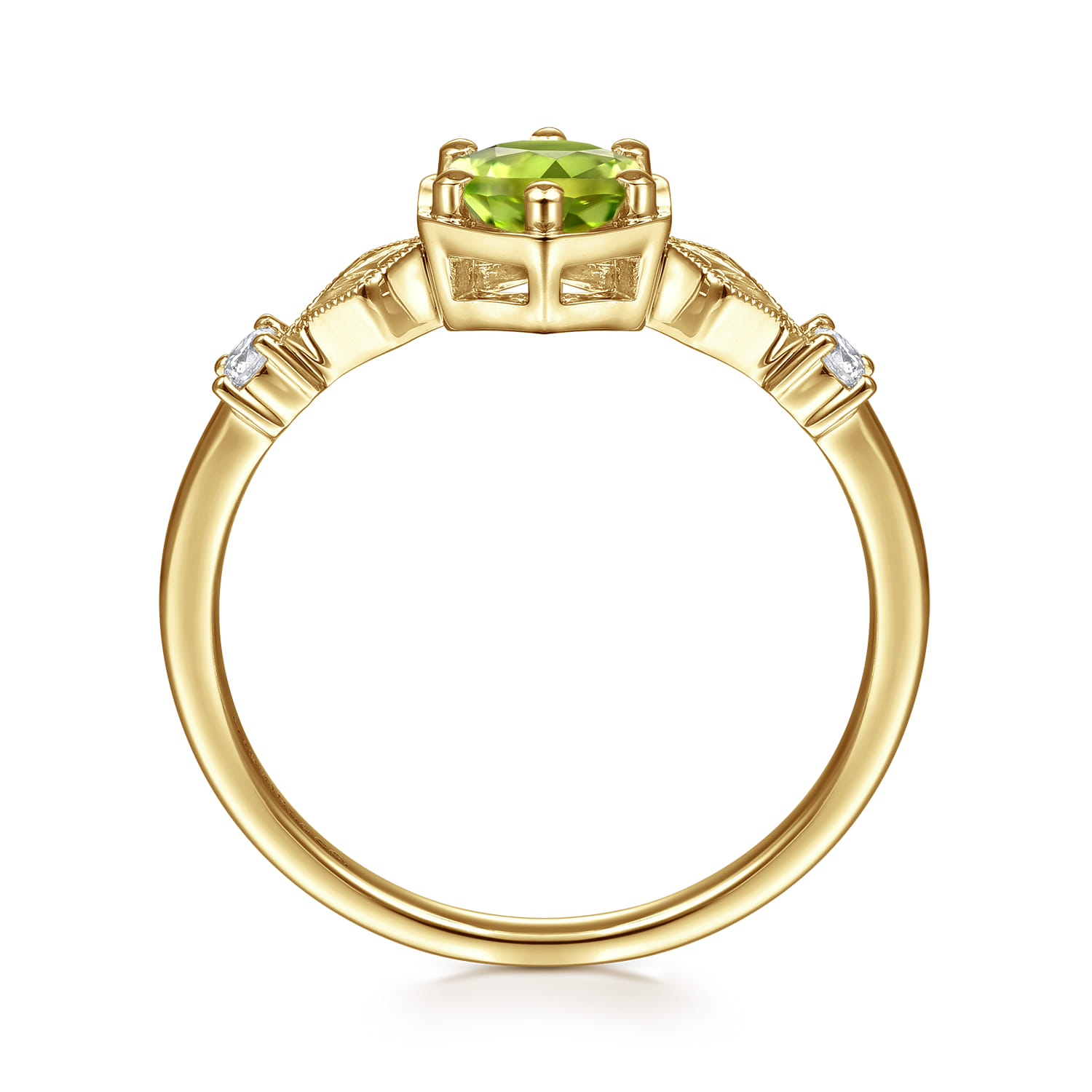 Hexagonal Peridot Diamond Promise Ring in 14K Yellow Gold, photograph 2