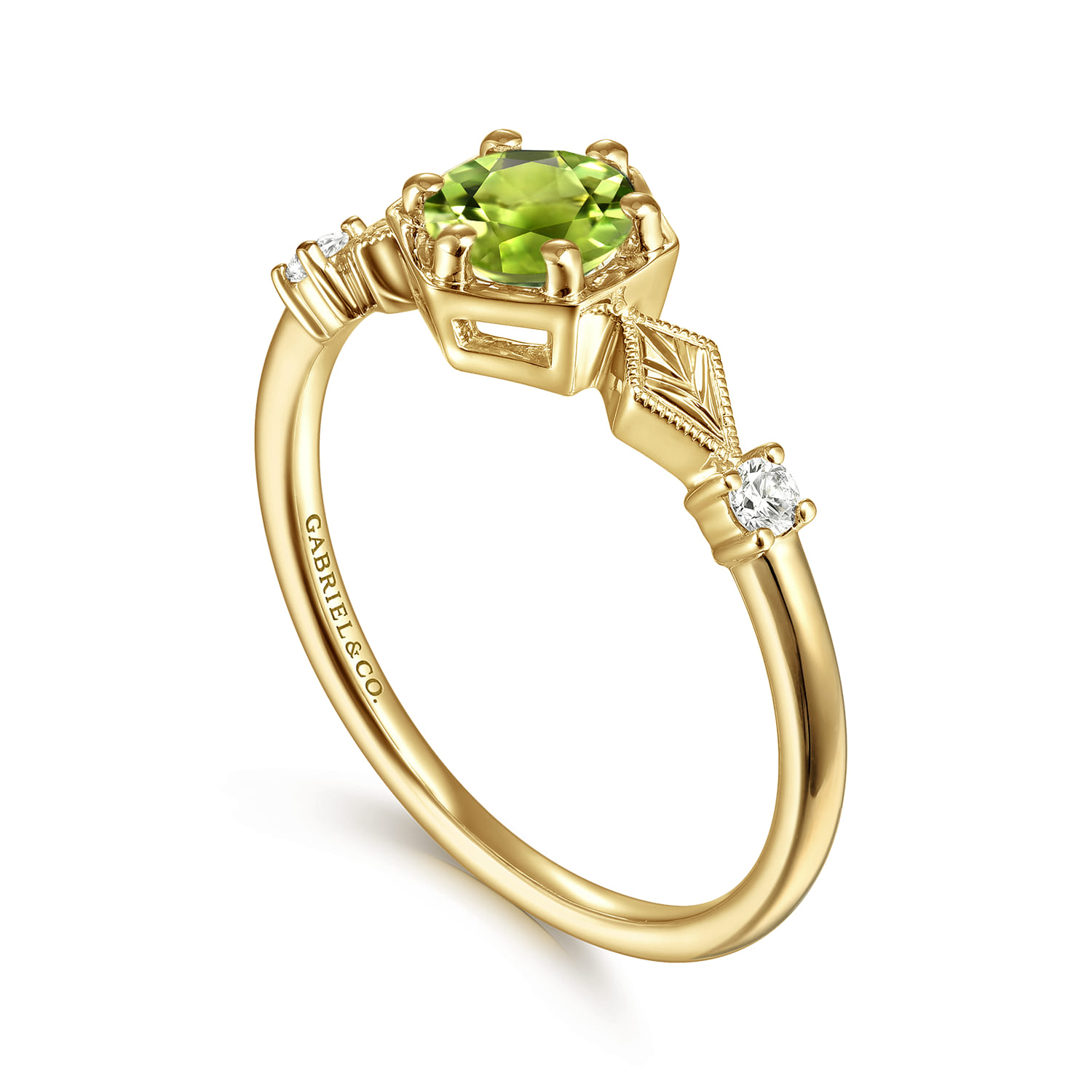 Hexagonal Peridot Diamond Promise Ring in 14K Yellow Gold, photograph 3