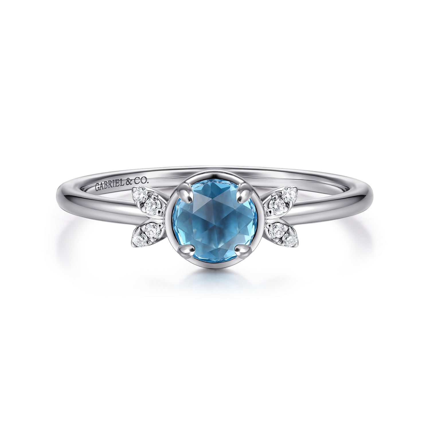 Floral Blue Topaz Diamond Promise Ring in 14K White Gold