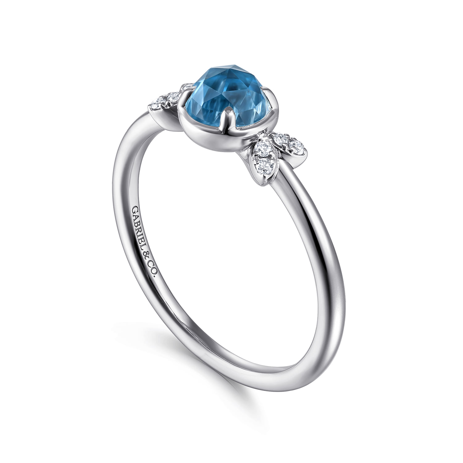 Floral Blue Topaz Diamond Promise Ring in 14K White Gold, photograph 3