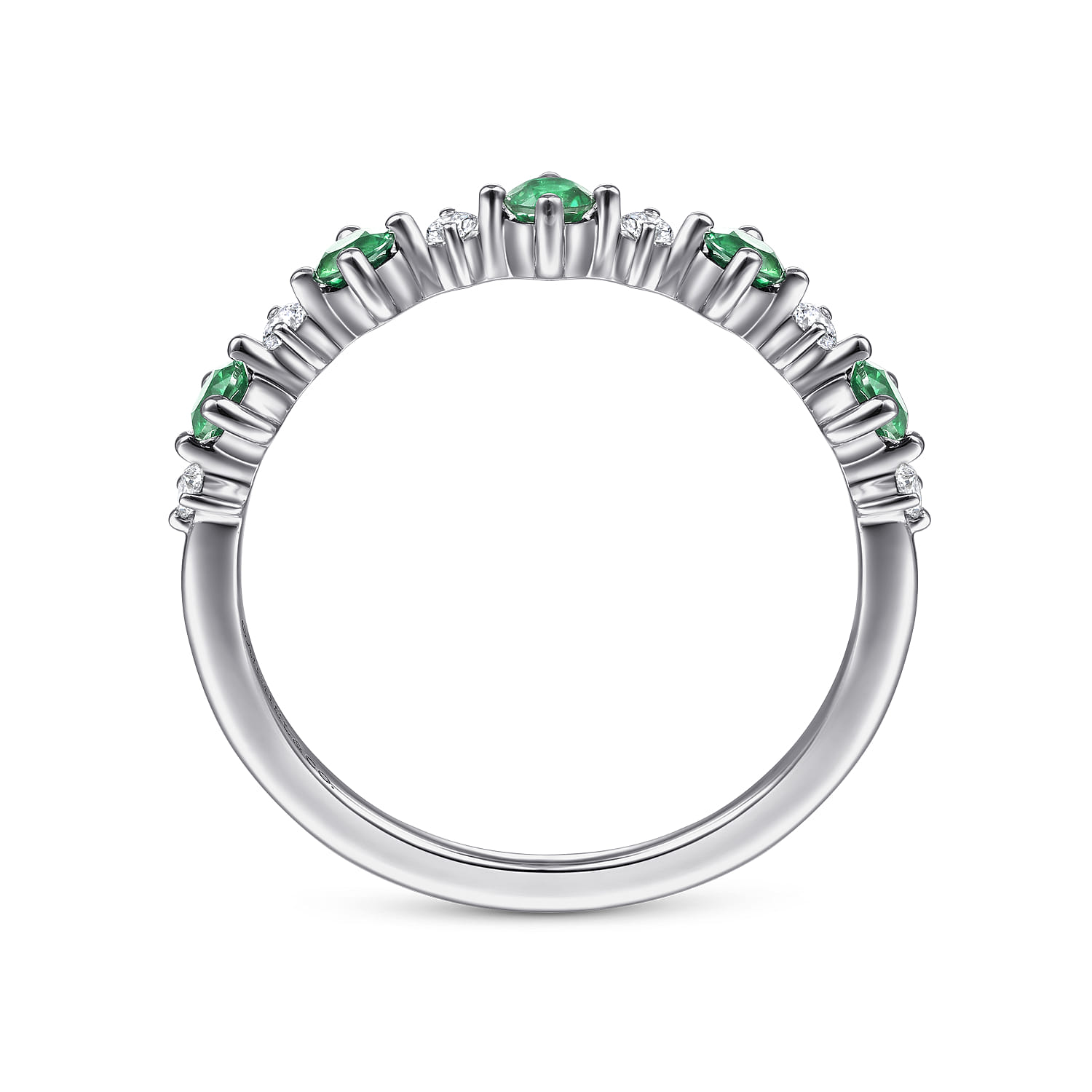 Alternating Round Diamond and Emerald Ring in 14K White Gold, photograph 2