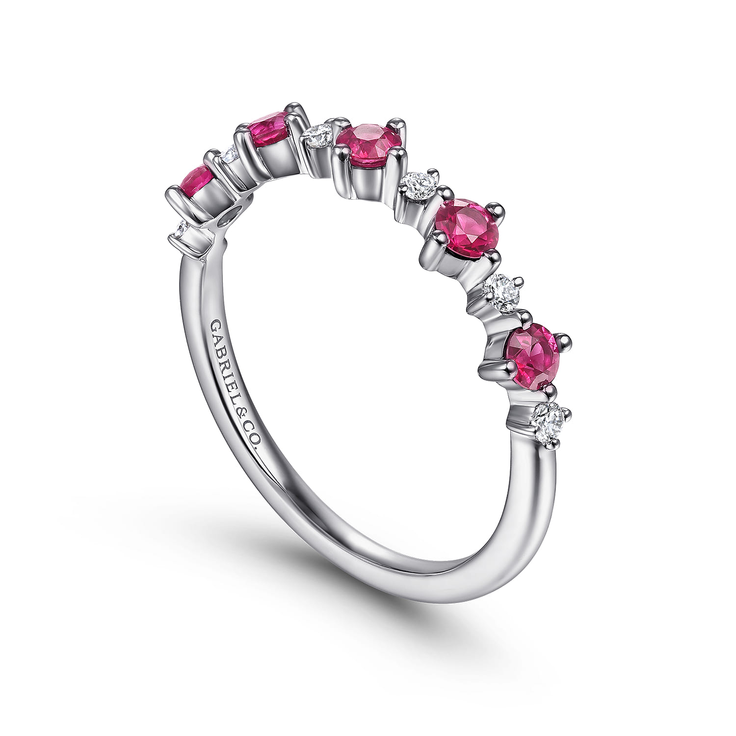 Alternating Round Diamond and Ruby Ring in 14K White Gold, photograph 3
