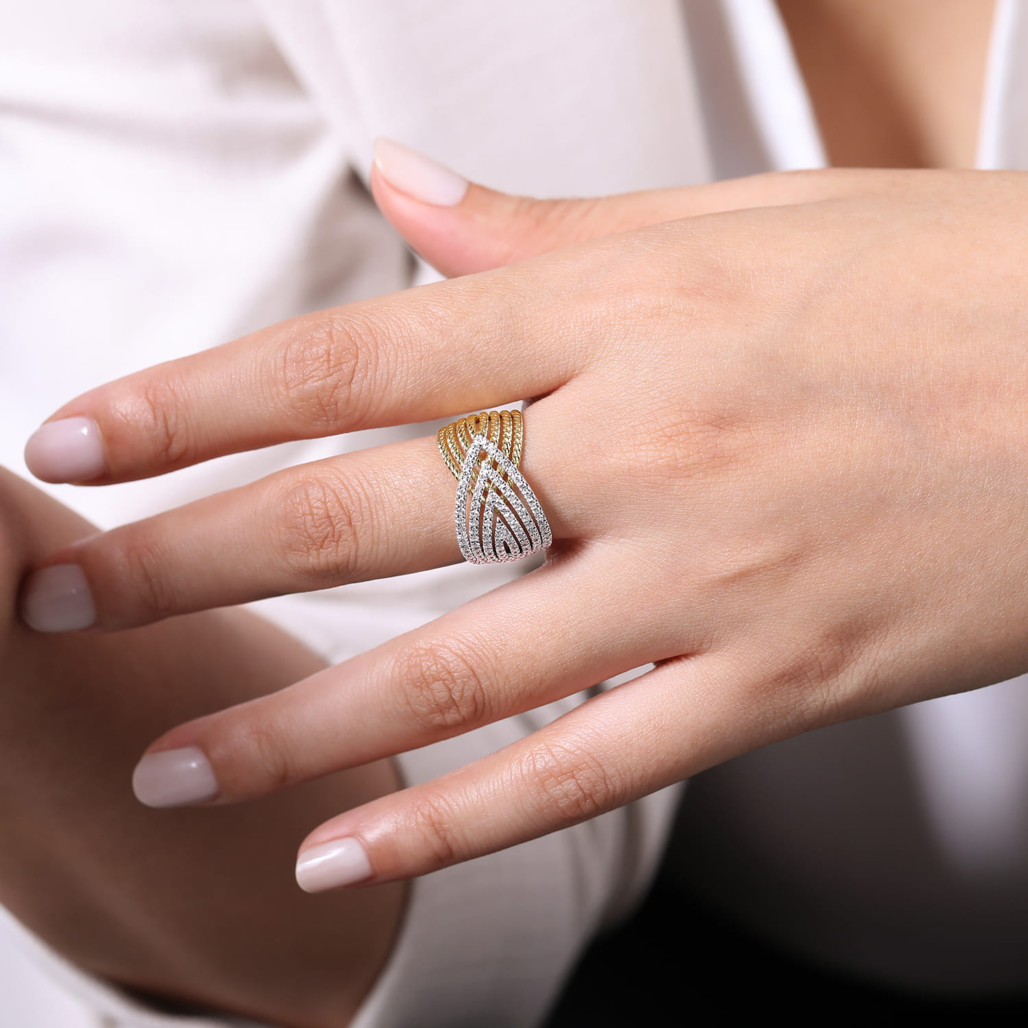 Twisted Rope and Diamond Overlapping Triangle Ring in 14K White/Yellow Gold, photograph 5
