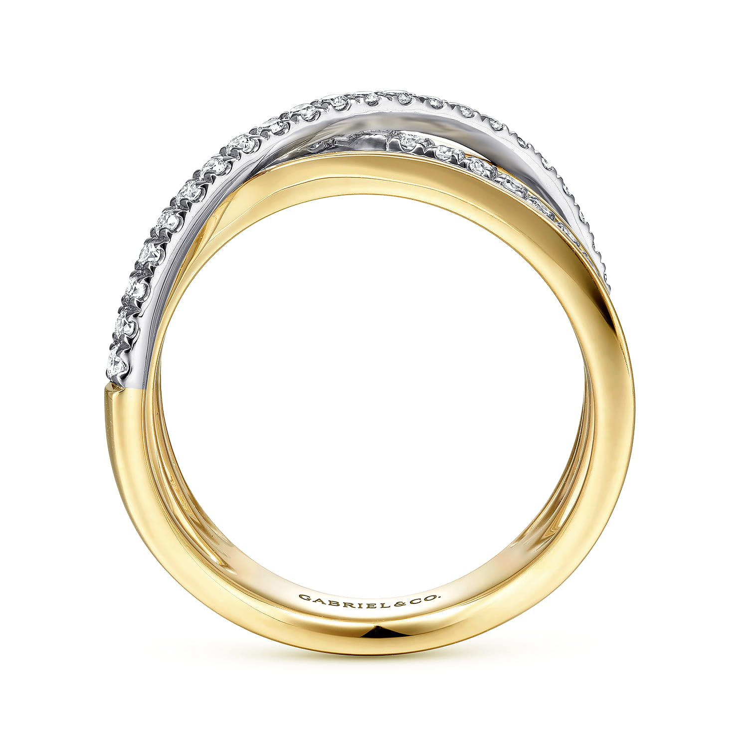 Polished Band and Diamond Row Criss Cross Ring in 14K White/Yellow Gold, photograph 2
