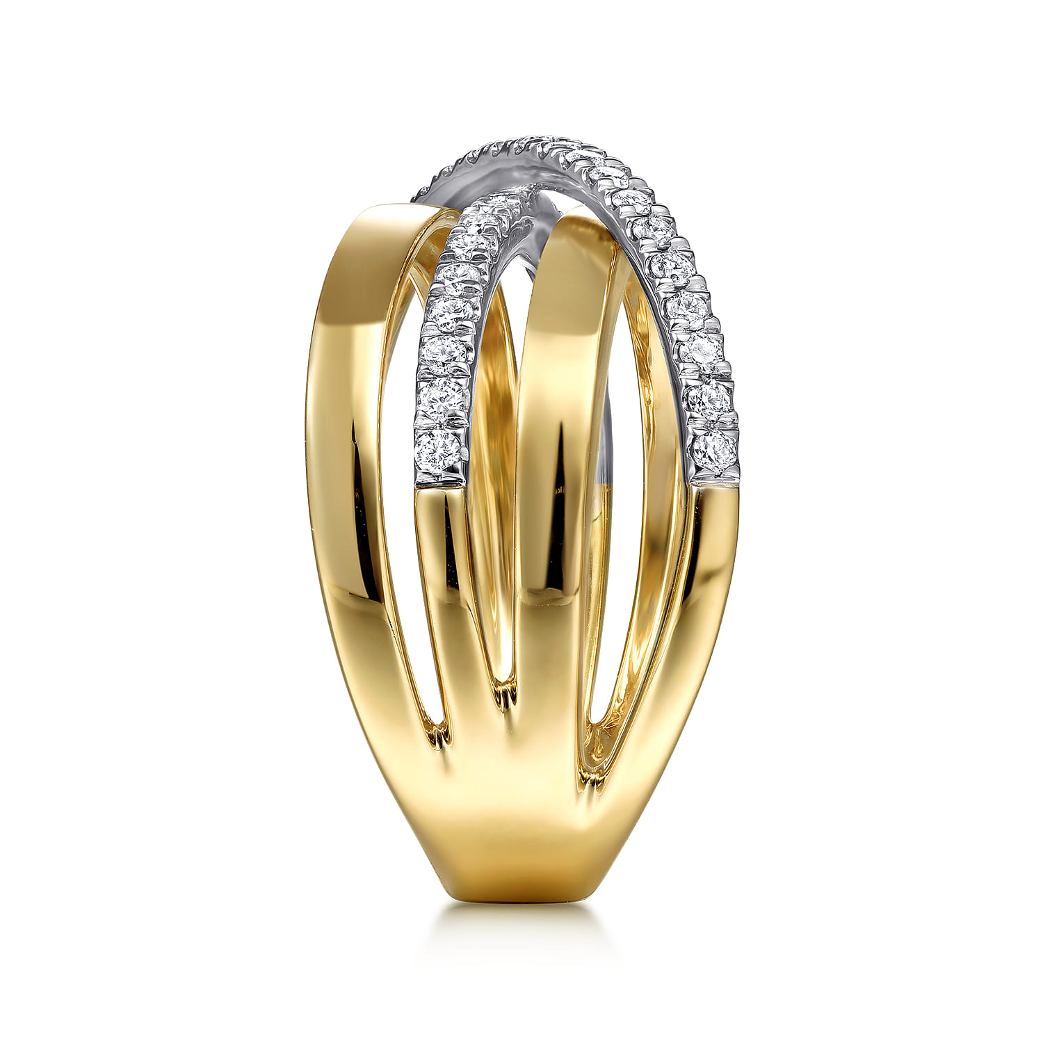 Polished Band and Diamond Row Criss Cross Ring in 14K White/Yellow Gold, photograph 4