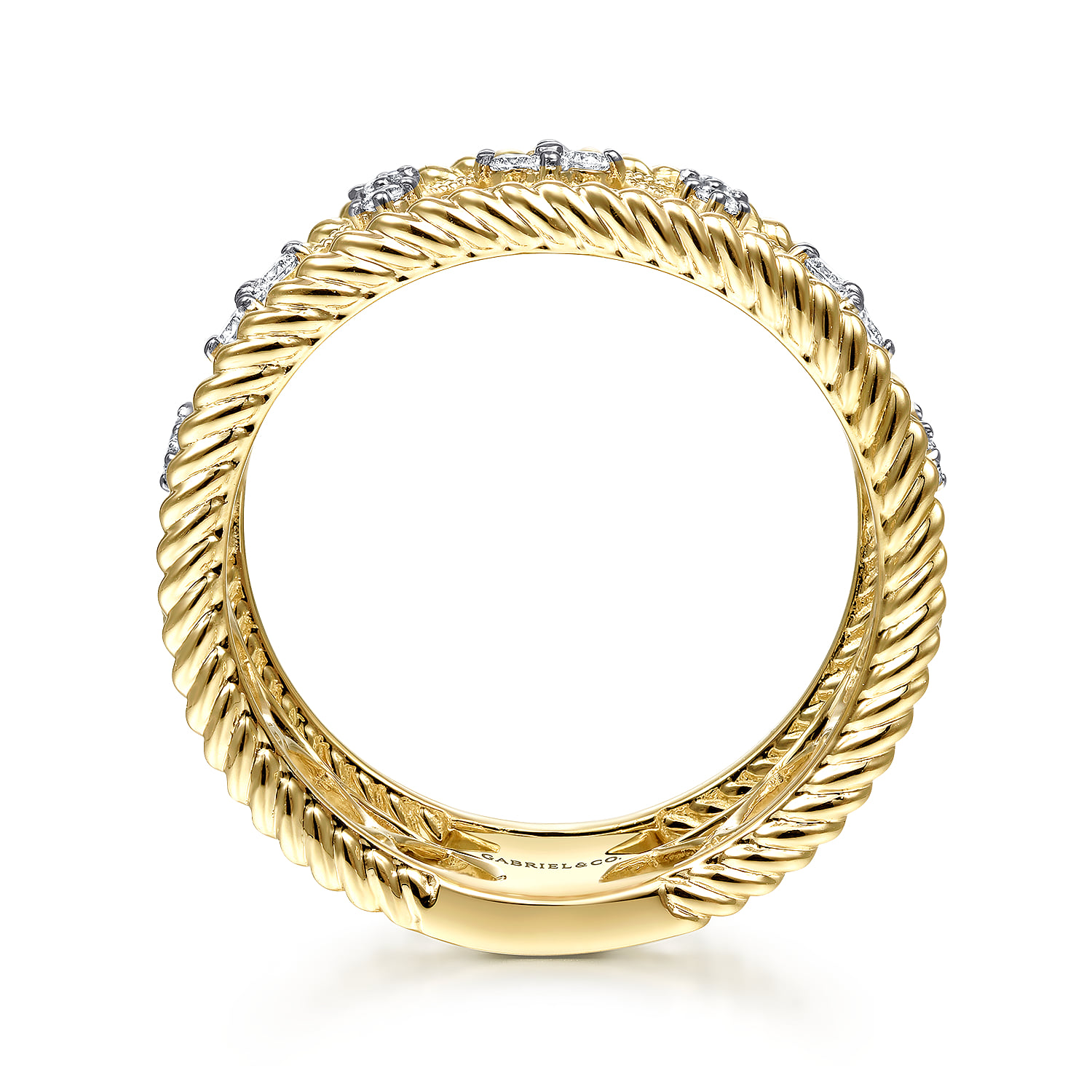 Wide Open Work Diamond Ring with Twisted Rope Edge in 14K Yellow Gold, photograph 2