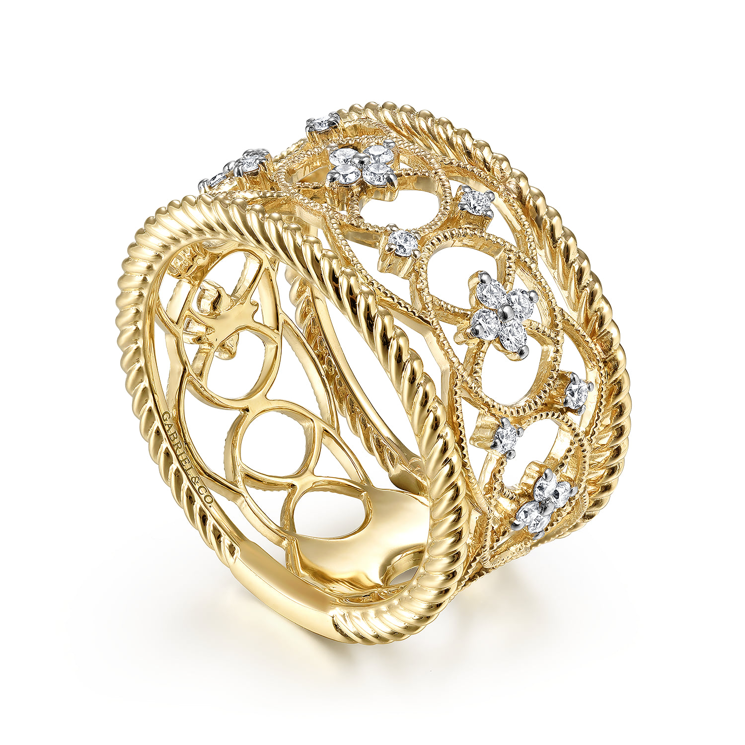 Wide Open Work Diamond Ring with Twisted Rope Edge in 14K Yellow Gold, photograph 3