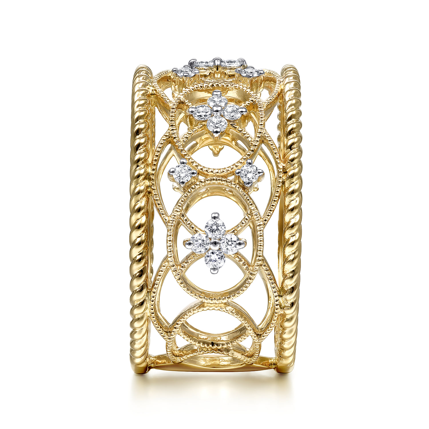 Wide Open Work Diamond Ring with Twisted Rope Edge in 14K Yellow Gold, photograph 4
