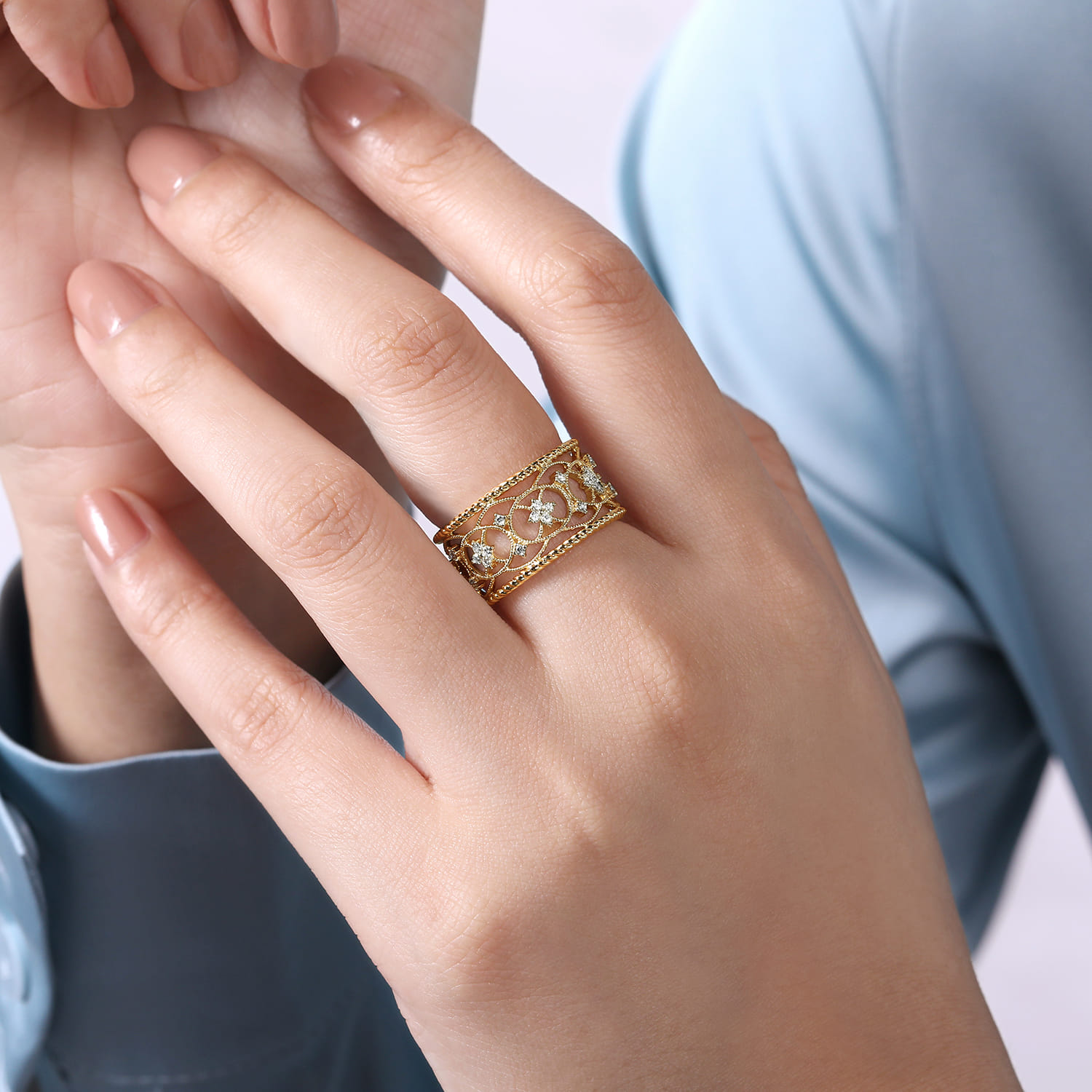 Wide Open Work Diamond Ring with Twisted Rope Edge in 14K Yellow Gold, photograph 5