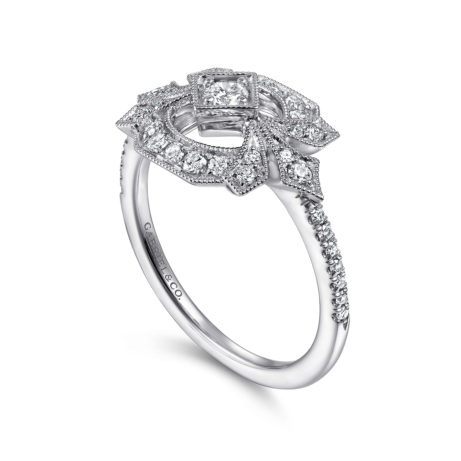 Art Deco Floral Diamond Ring in 14K White Gold, photograph 3
