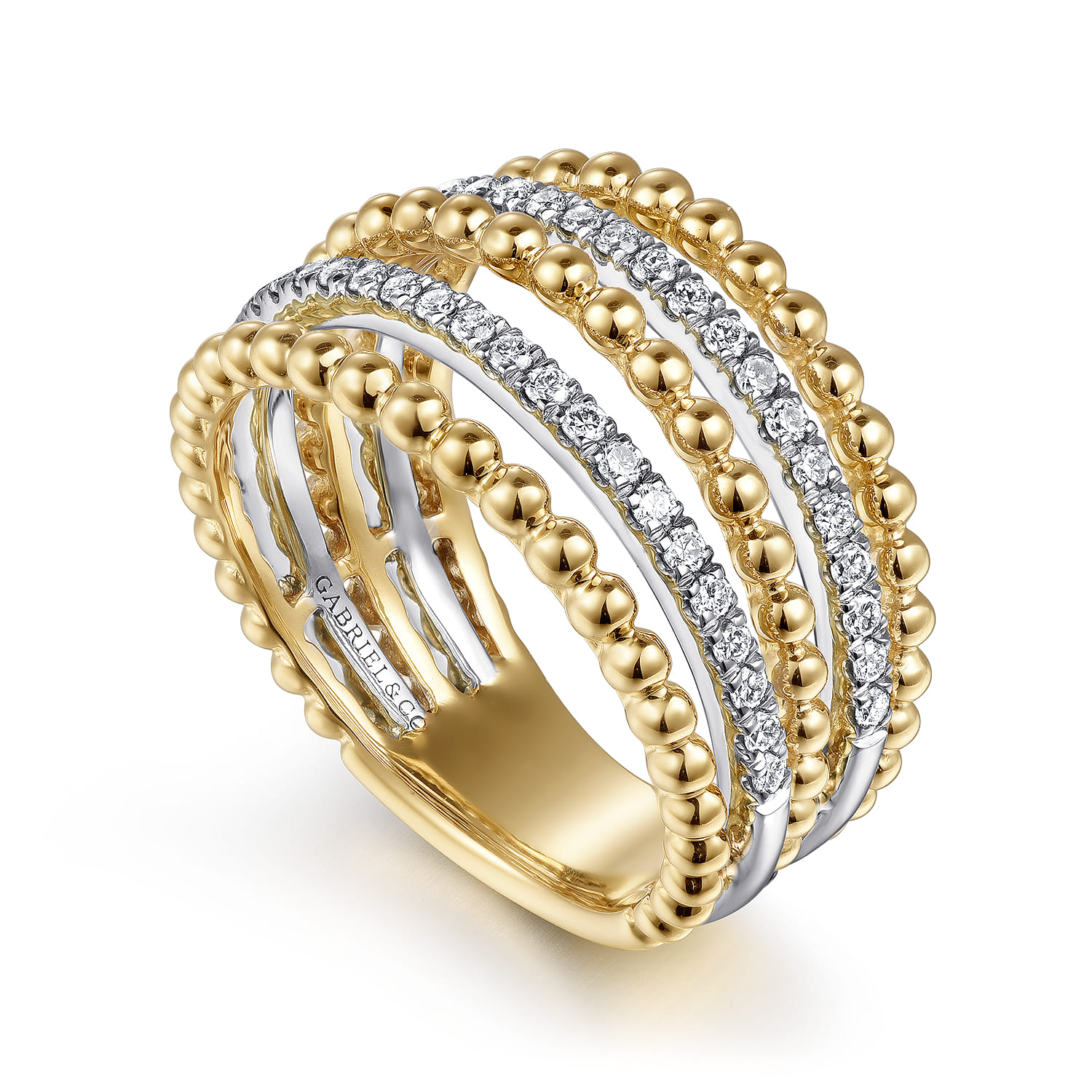 Beaded Wide Band Easy-Stack Ring Diamond 0.4ct Bujukan in 14K Yellow Gold, photograph 3