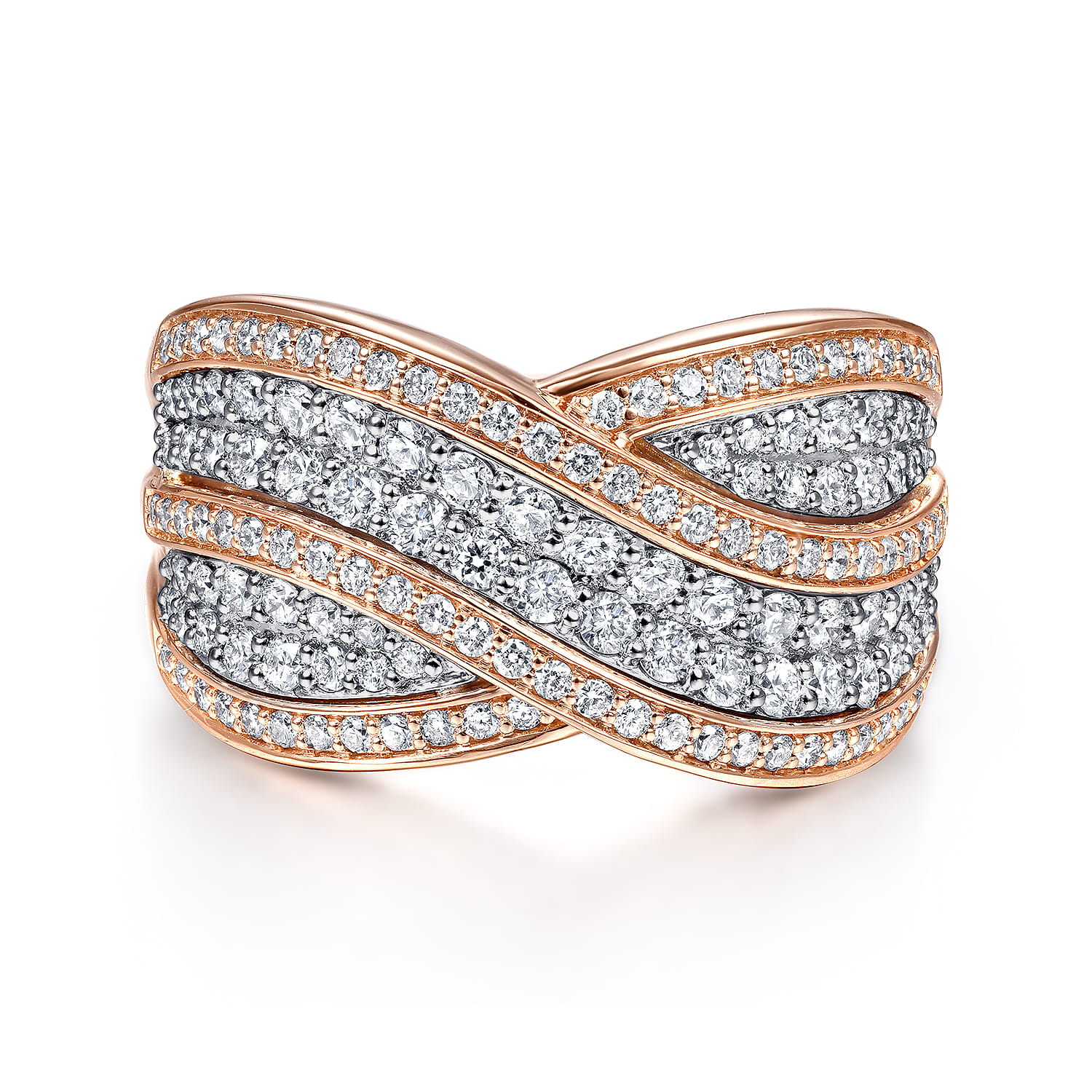 Wide Diamond Channel Criss Cross Ring in 14K White/Rose Gold