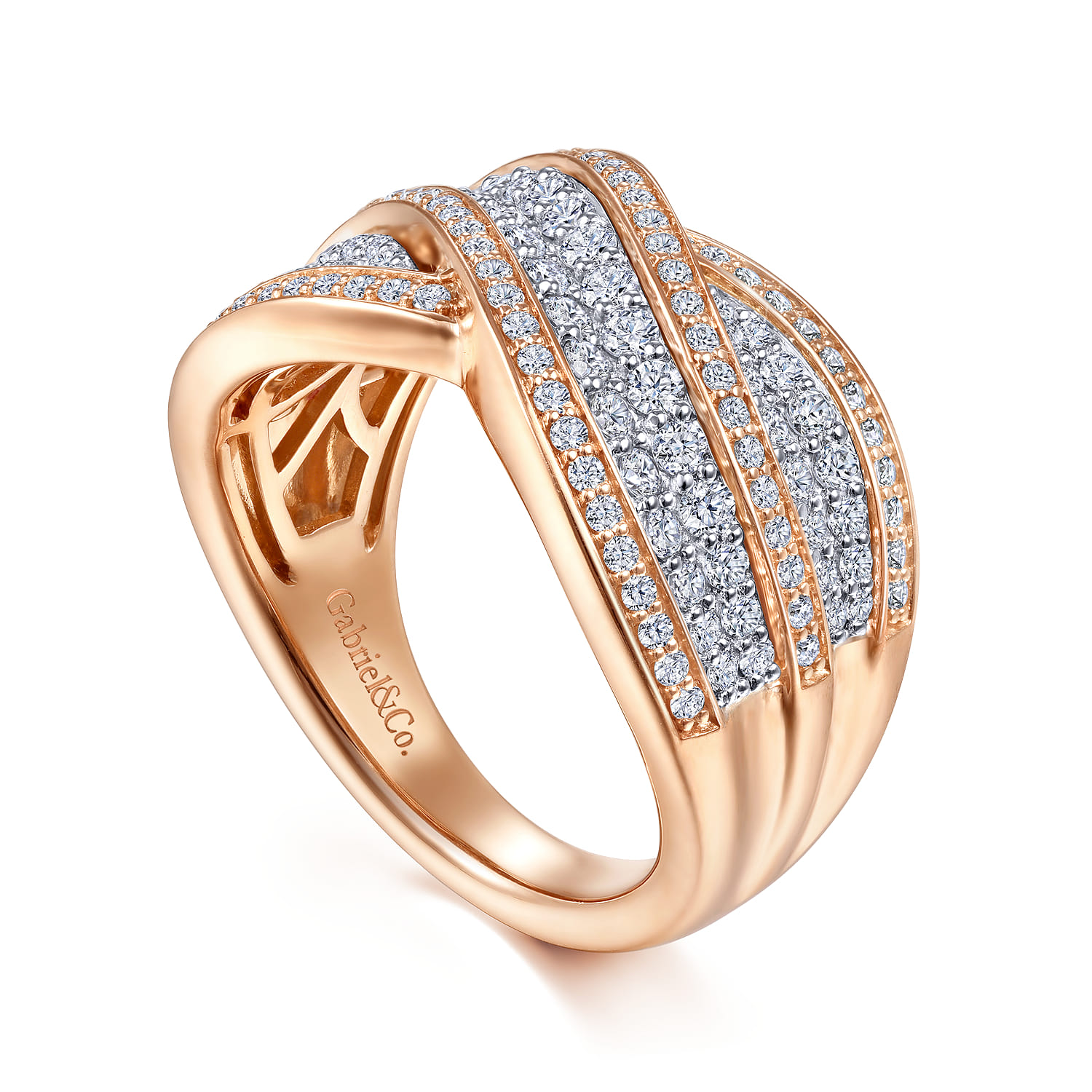 Wide Diamond Channel Criss Cross Ring in 14K White/Rose Gold, photograph 3