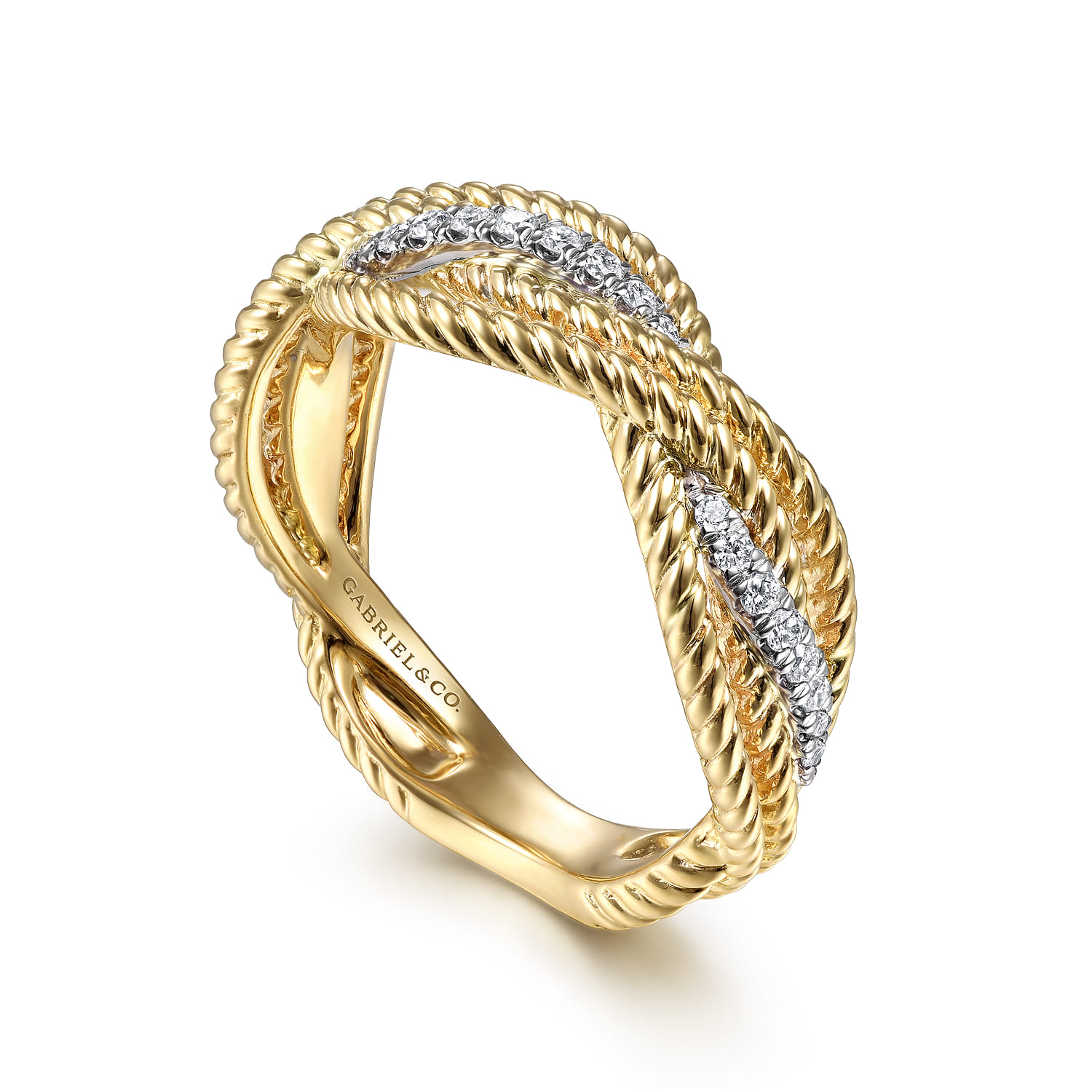 Twisted Rope and Diamond Intersecting Ring in 14K White/Yellow Gold, photograph 3