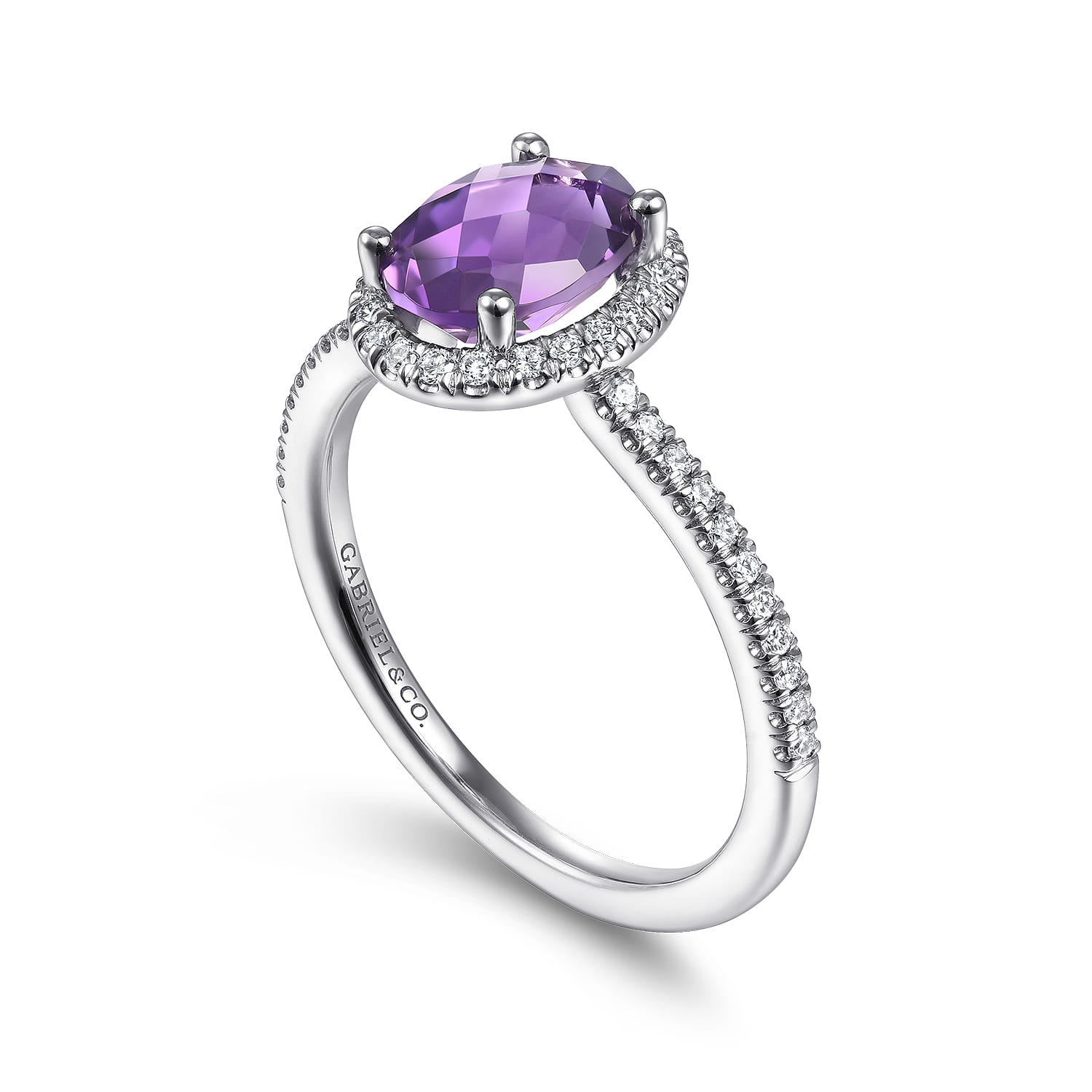 Oval Amethyst and Diamond Halo Ring in 14K White Gold, photograph 3