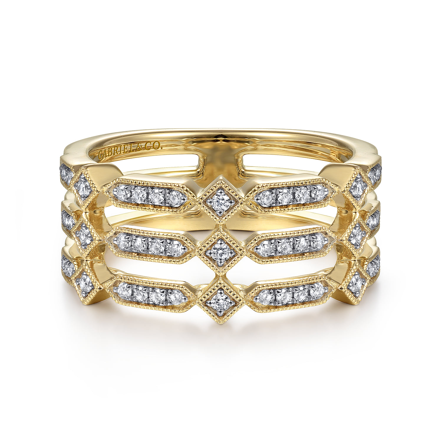 Three Row Diamond Ring in 14K Yellow Gold