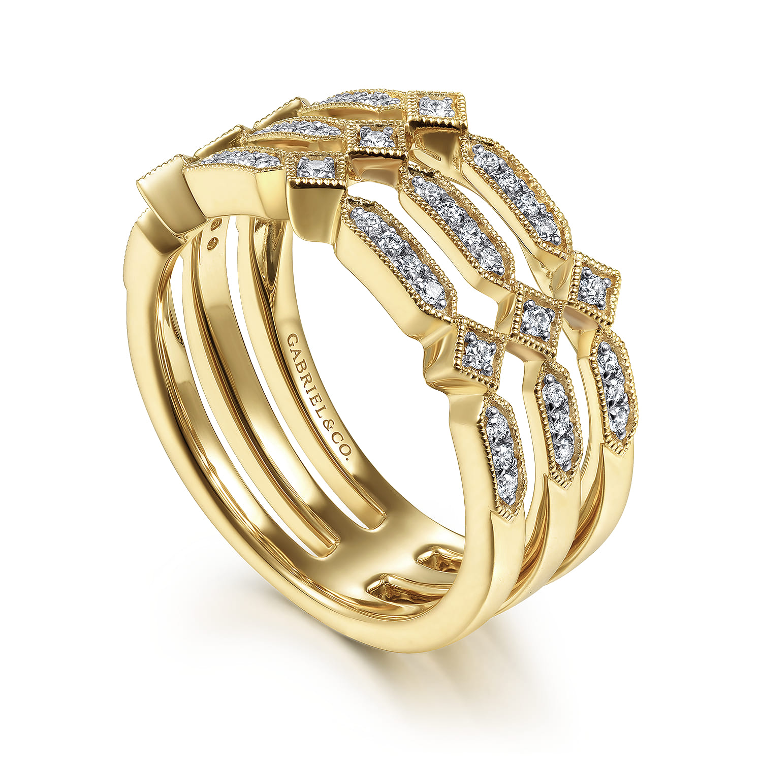 Three Row Diamond Ring in 14K Yellow Gold, photograph 3