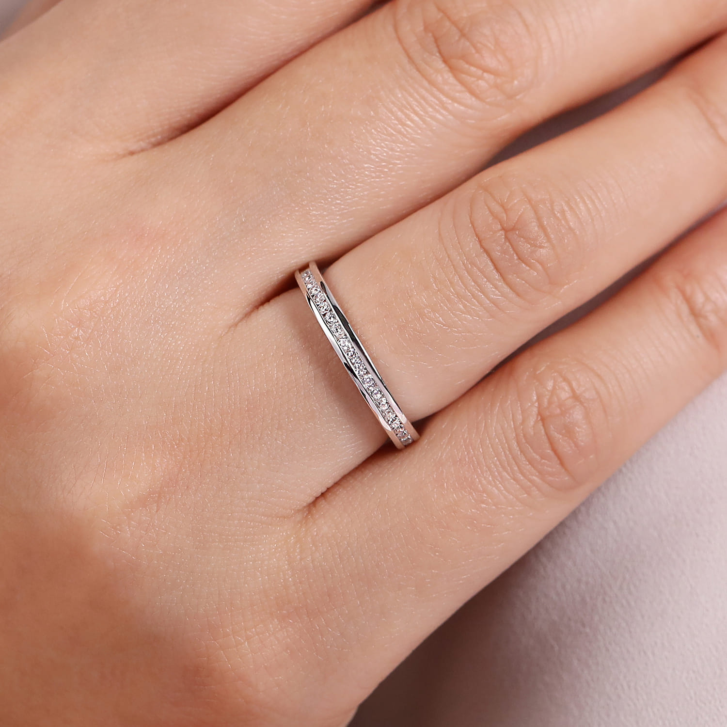 Channel Set Diamond Stackable Ring in 14K White Gold, photograph 5