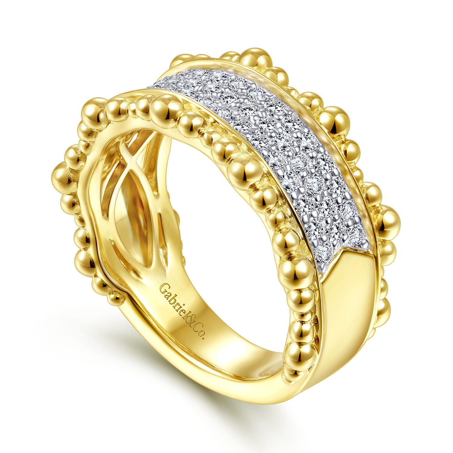 Diamond Pave Center Ring with Bujukan Bead Border in 14K Yellow Gold, photograph 3