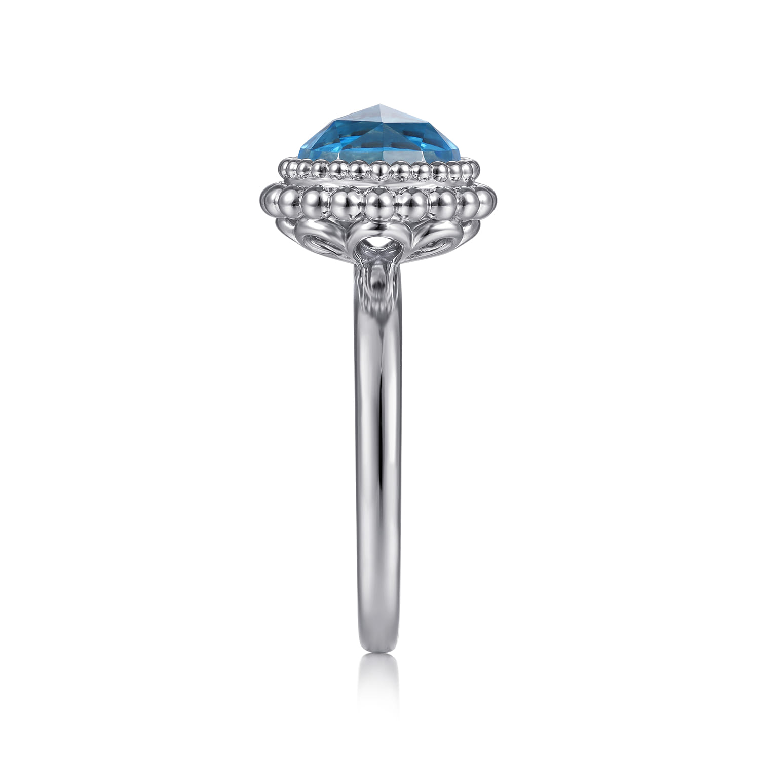 Round Blue Topaz Bezel Set Ring with Bujukan Bead Halo in Sterling Silver, photograph 4