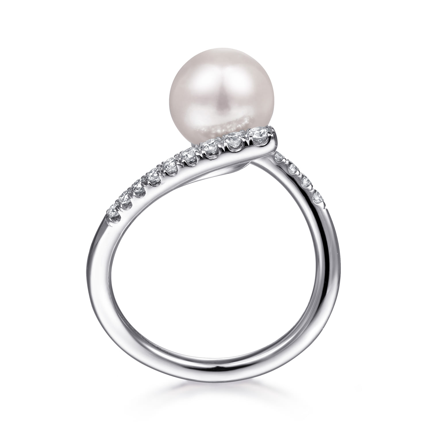 Bypass Pearl and Diamond Ring in 14K White Gold, photograph 2