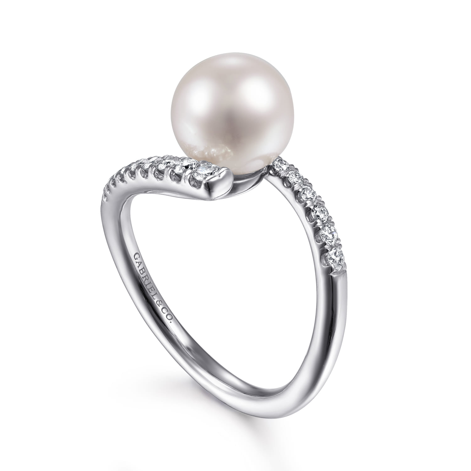 Bypass Pearl and Diamond Ring in 14K White Gold, photograph 3
