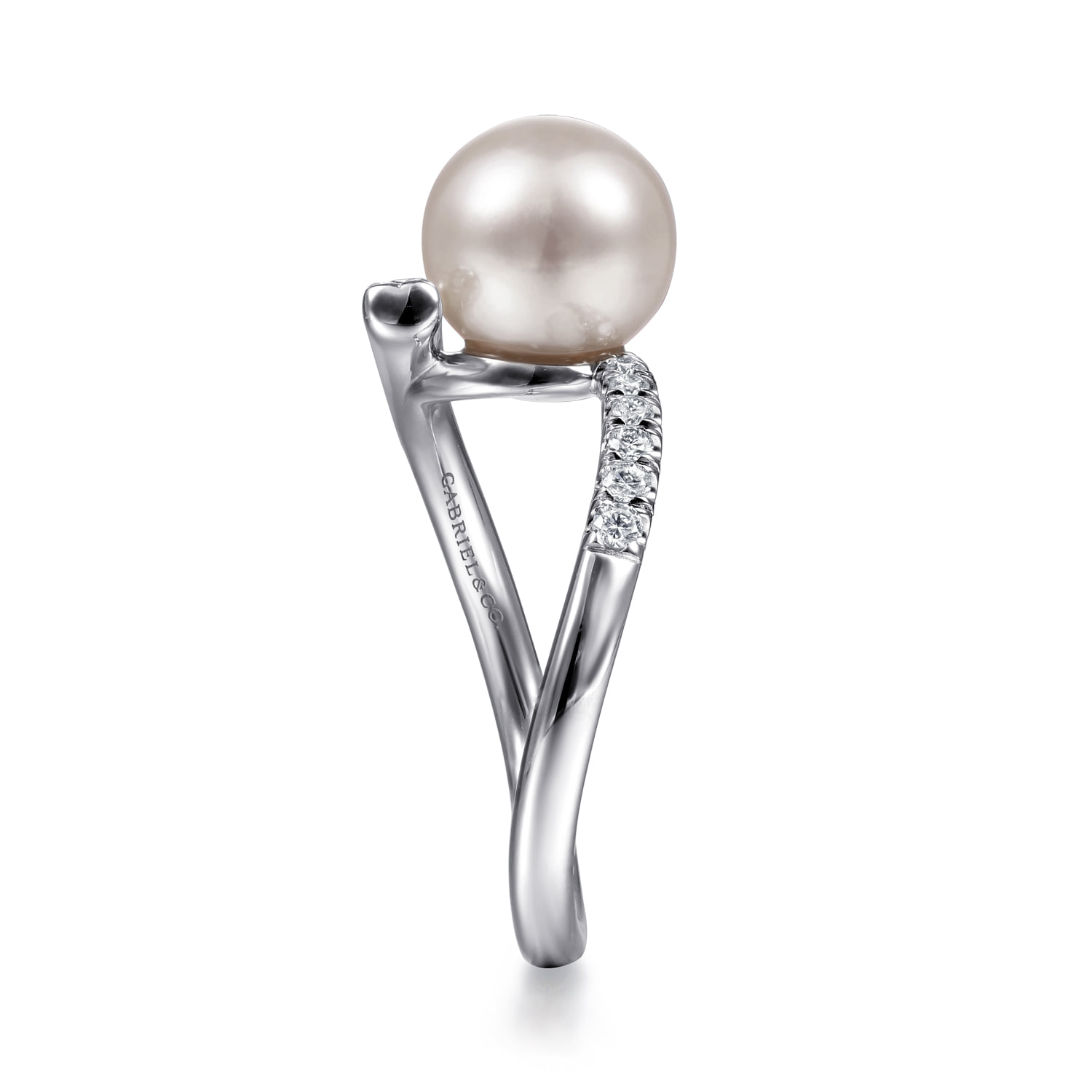 Bypass Pearl and Diamond Ring in 14K White Gold, photograph 4
