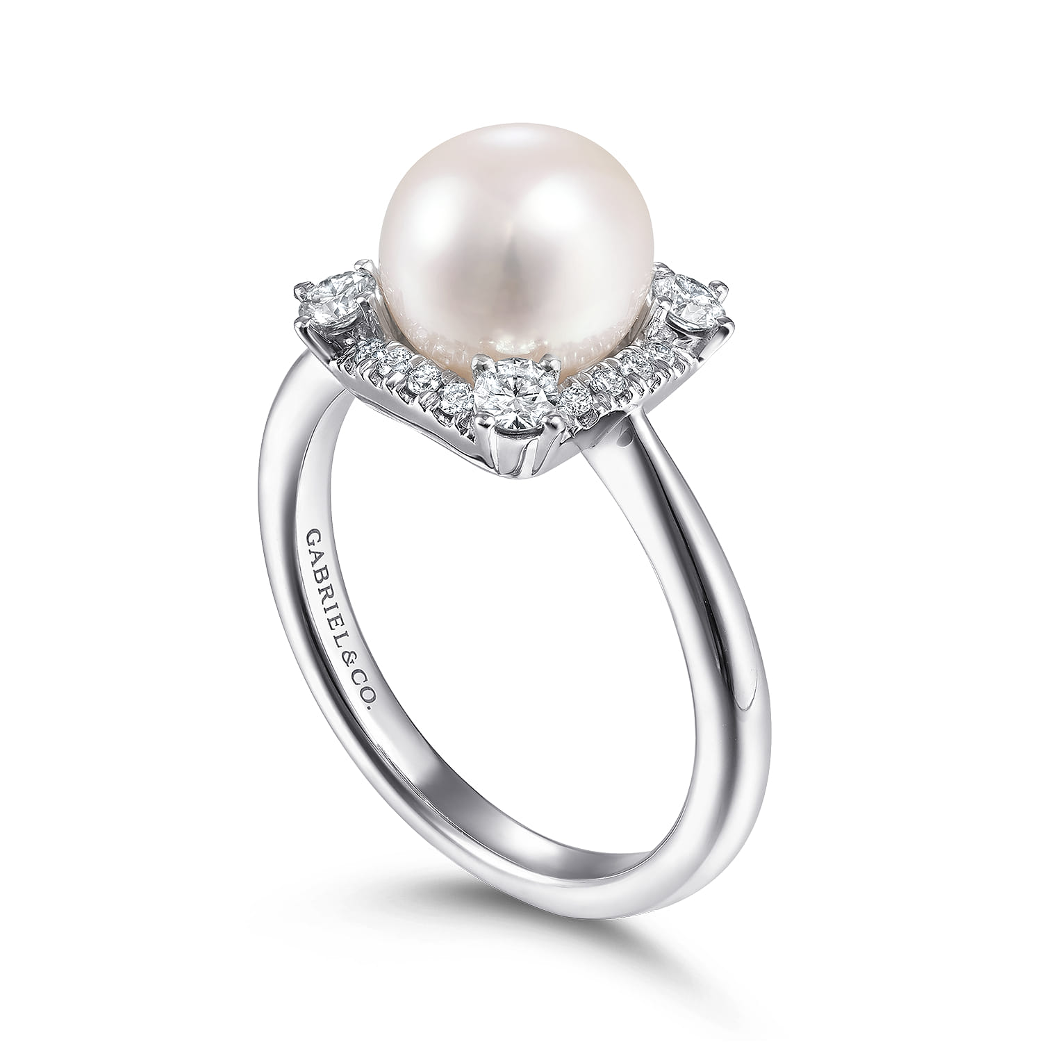 Pearl Ring with Diamond Halo in 14K White Gold, photograph 3