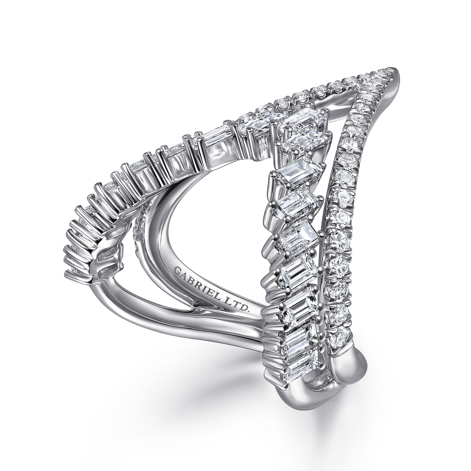 Diamond Baguette and Chevron Statement Ring in 18K White Gold, photograph 2